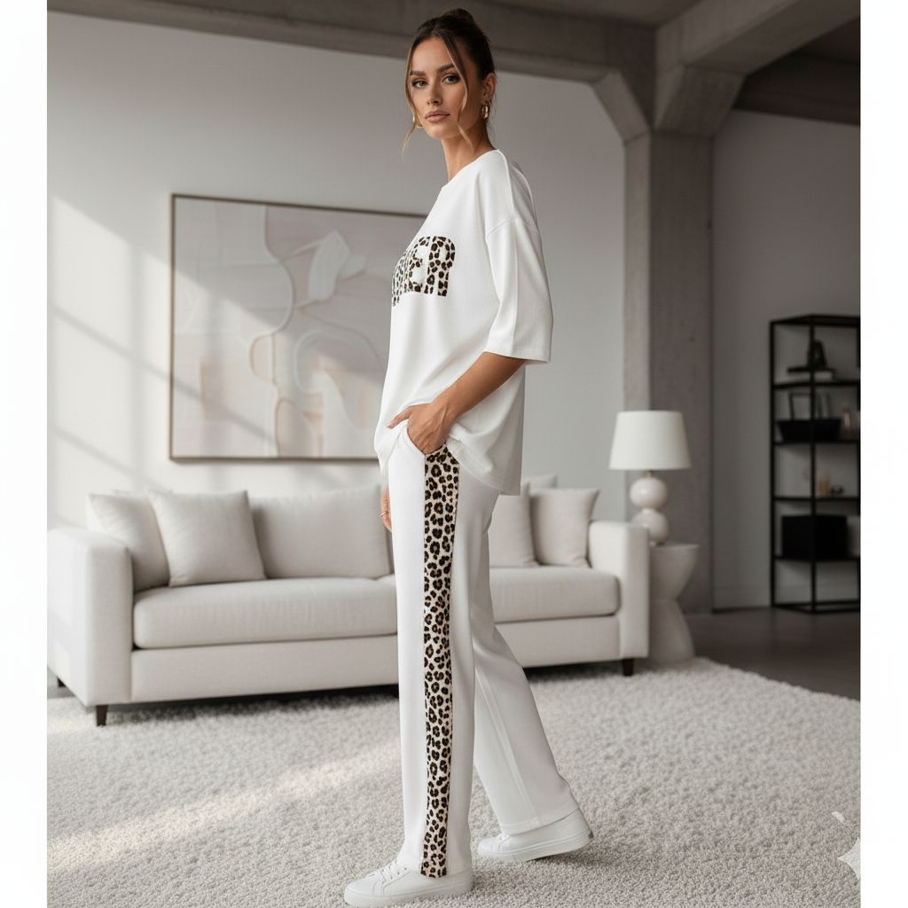 'WINNER' Cloud White Colour Women's Co-Ord Set with Leopard Print