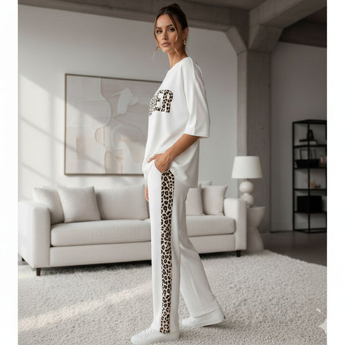 'WINNER' Cloud White Colour Women's Co-Ord Set with Leopard Print