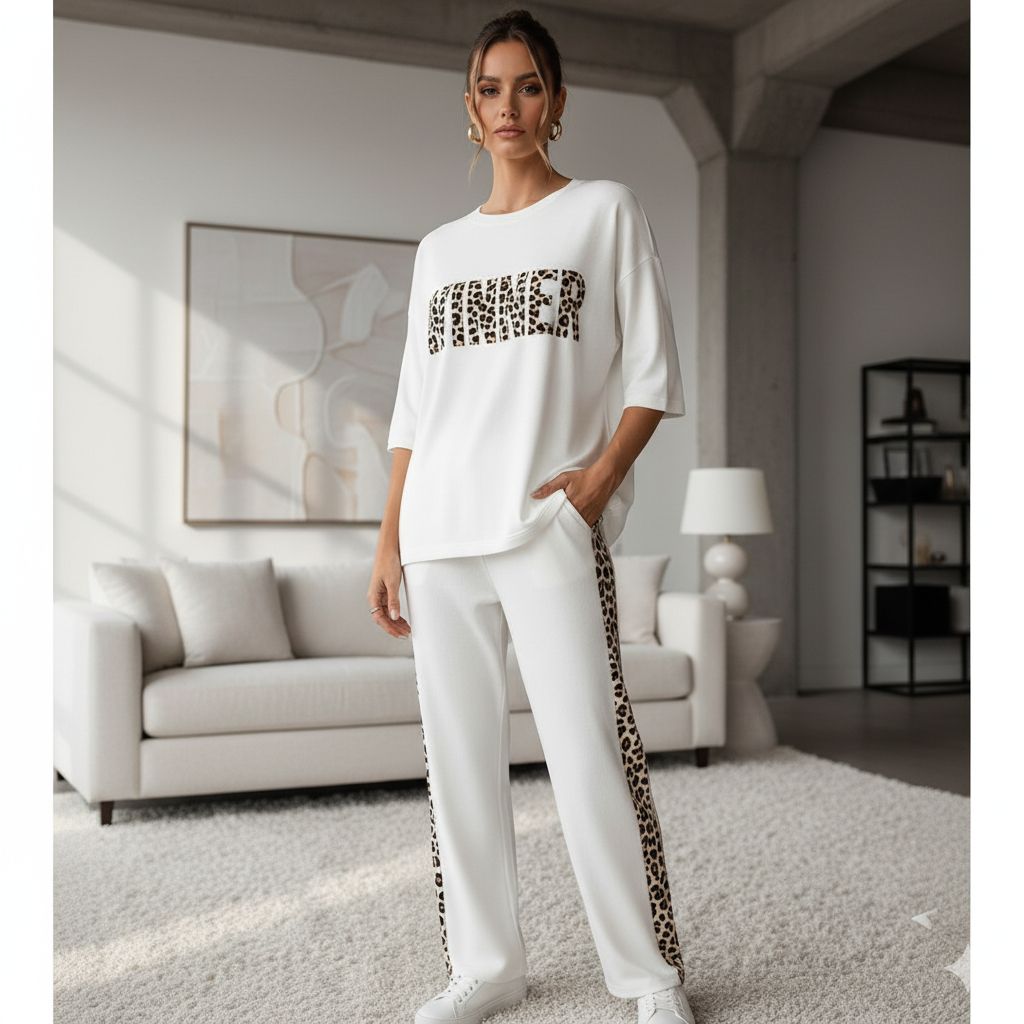 'WINNER' Cloud White Colour Women's Co-Ord Set with Leopard Print