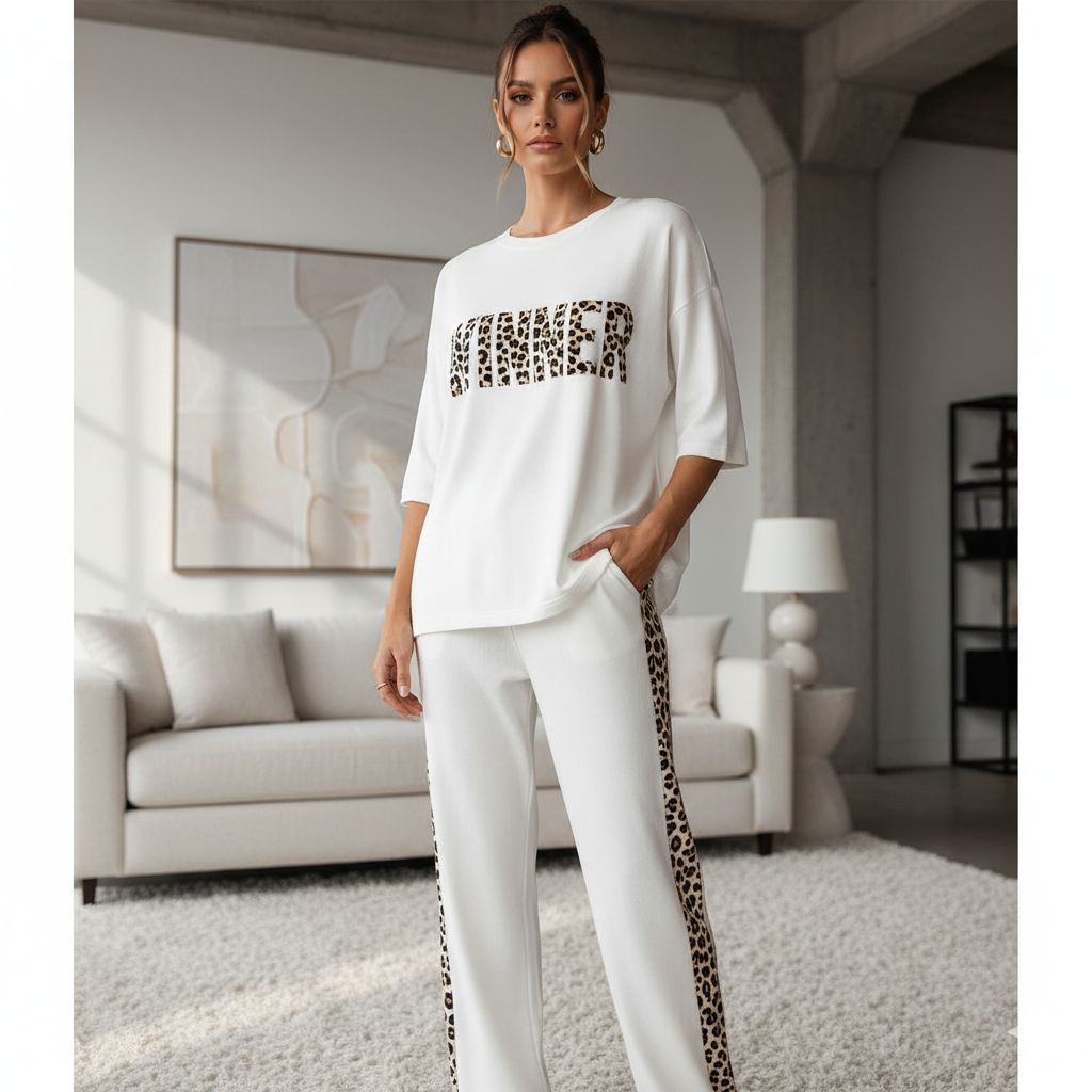 'WINNER' Cloud White Colour Women's Co-Ord Set with Leopard Print