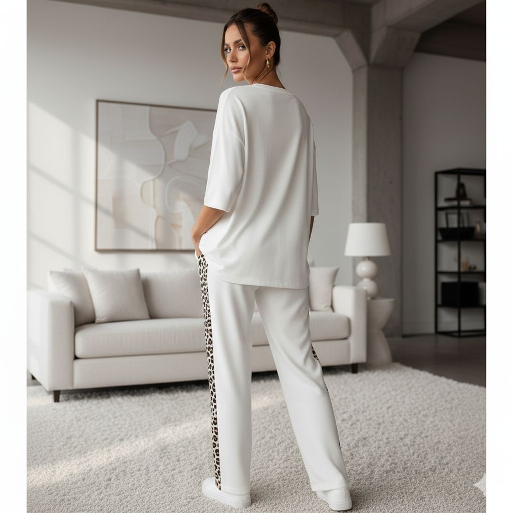 'WINNER' Cloud White Colour Women's Co-Ord Set with Leopard Print