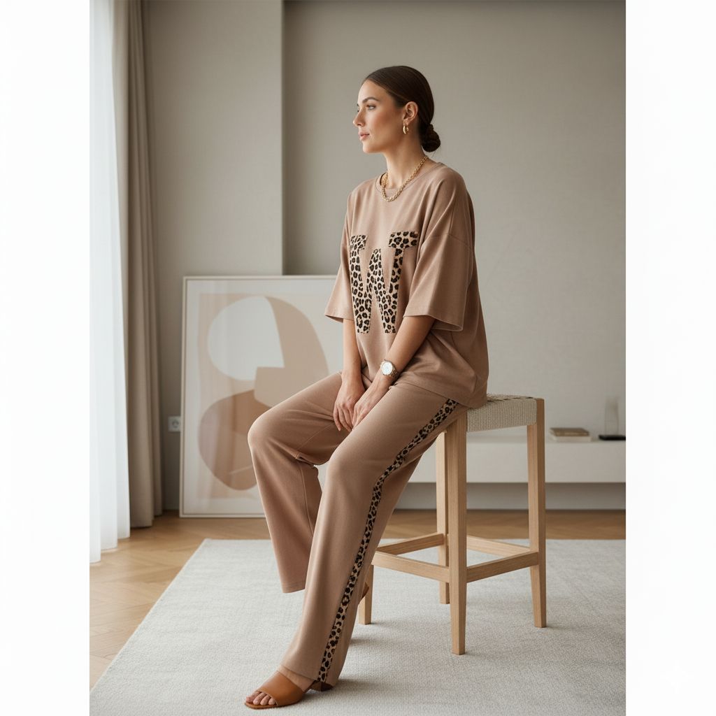 Almond Brown Colour Women's Co-Ord Set with Leopard Print