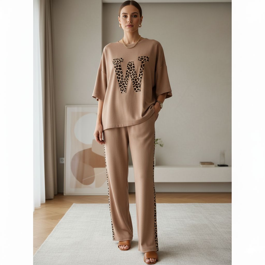 Almond Brown Colour Women's Co-Ord Set with Leopard Print