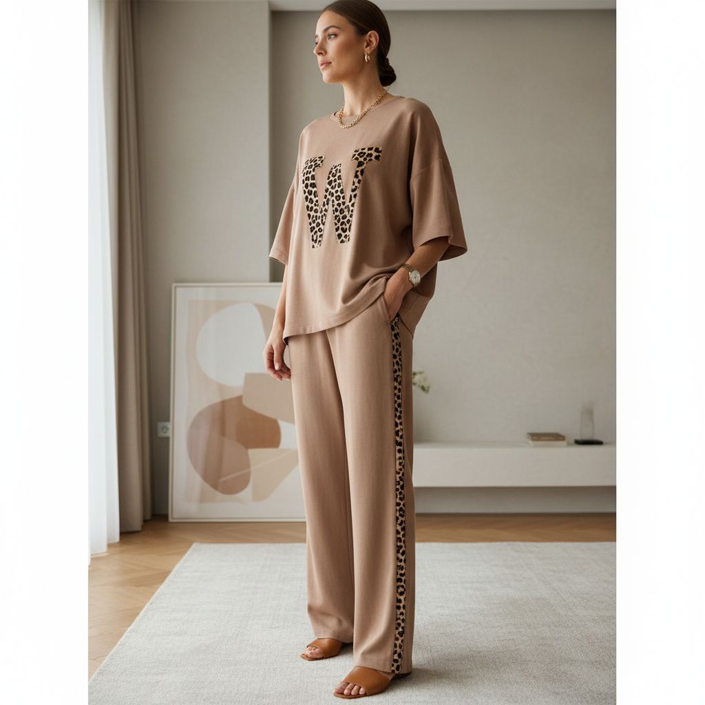 Almond Brown Colour Women's Co-Ord Set with Leopard Print