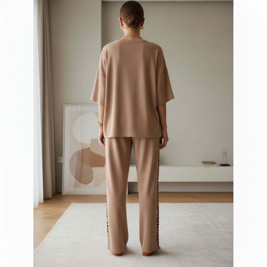 Almond Brown Colour Women's Co-Ord Set with Leopard Print
