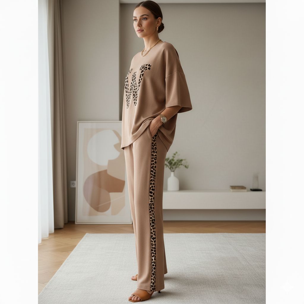 Almond Brown Colour Women's Co-Ord Set with Leopard Print