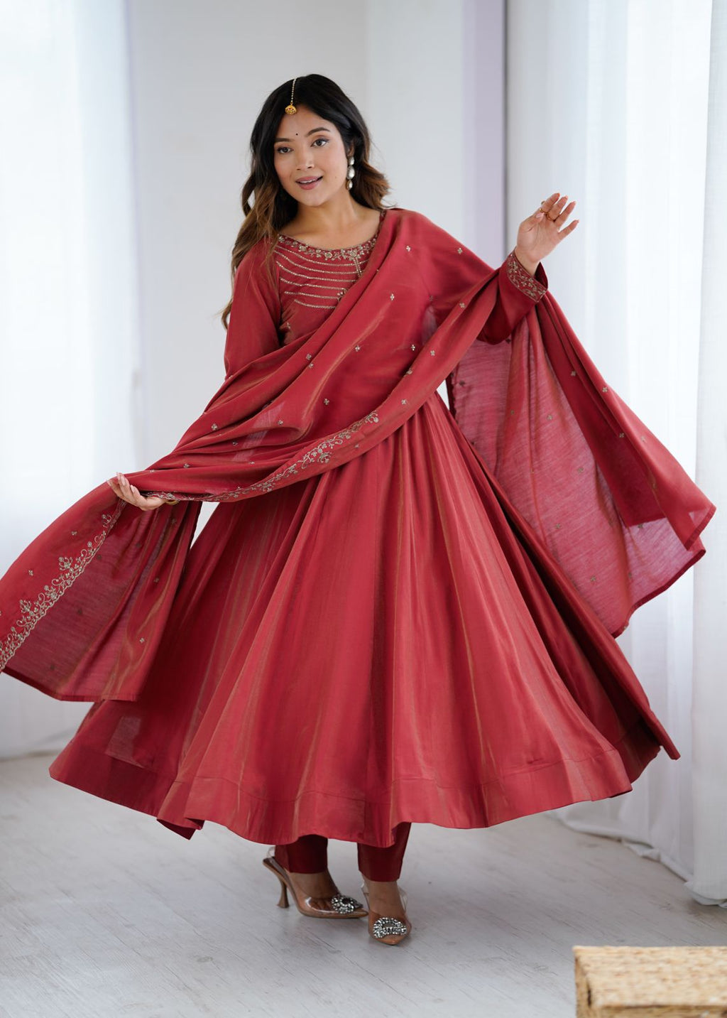 Premium Roman Shimmer Chanderi Silk 16 Kali Anarkali Gown Set with Beadwork Dupatta & Pant