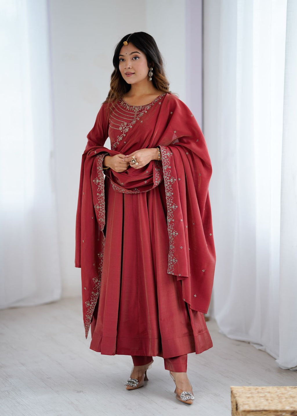 Premium Roman Shimmer Chanderi Silk 16 Kali Anarkali Gown Set with Beadwork Dupatta & Pant