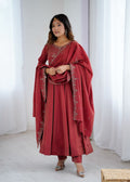 Premium Roman Shimmer Chanderi Silk 16 Kali Anarkali Gown Set with Beadwork Dupatta & Pant