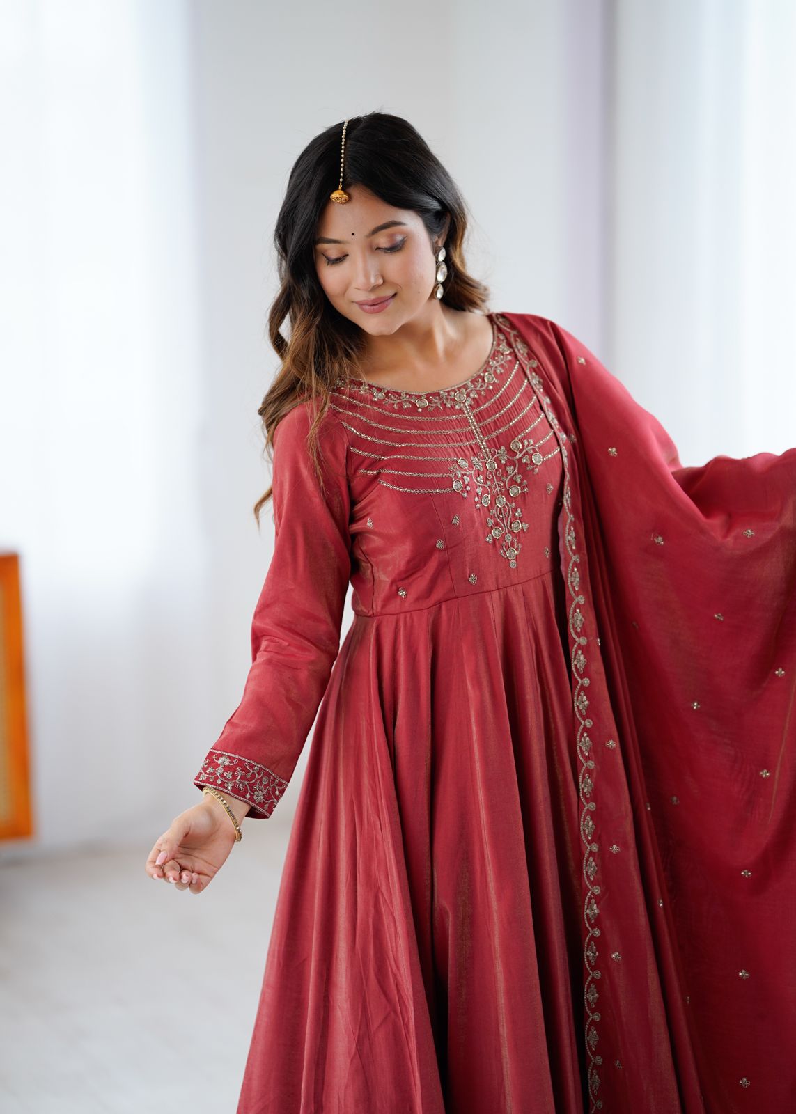 Premium Roman Shimmer Chanderi Silk 16 Kali Anarkali Gown Set with Beadwork Dupatta & Pant