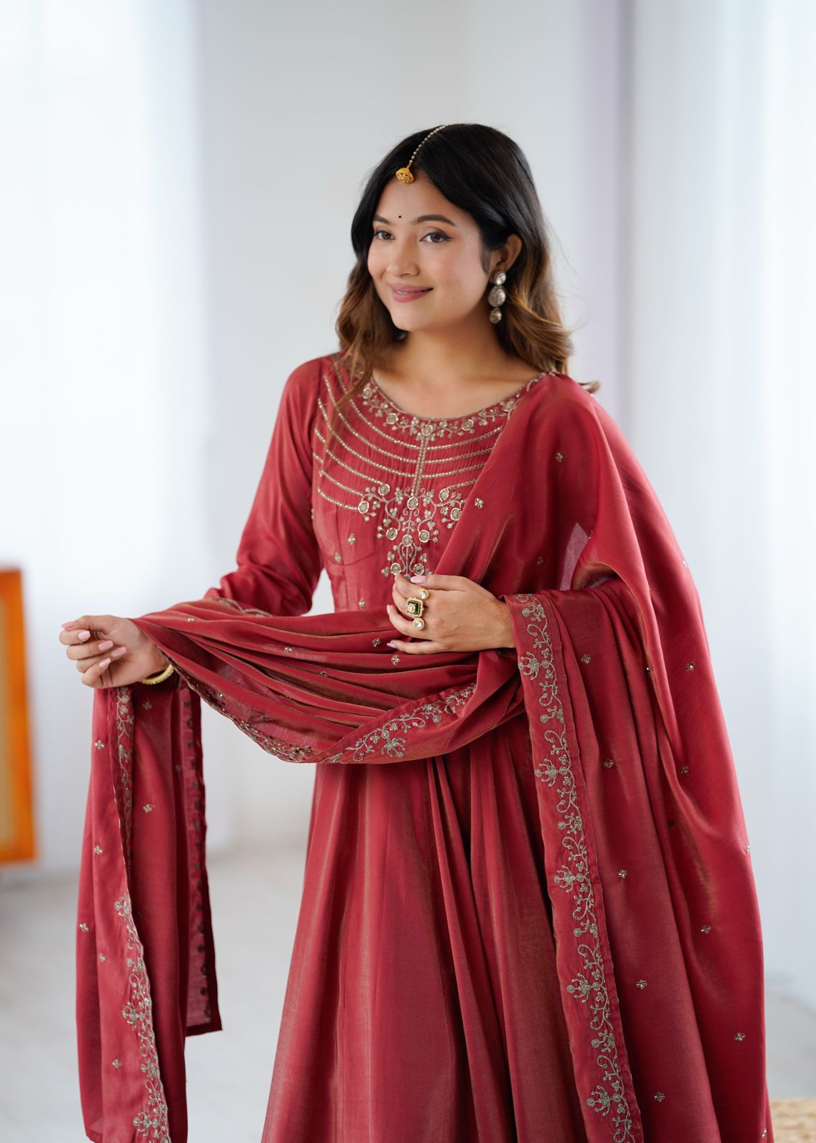 Premium Roman Shimmer Chanderi Silk 16 Kali Anarkali Gown Set with Beadwork Dupatta & Pant