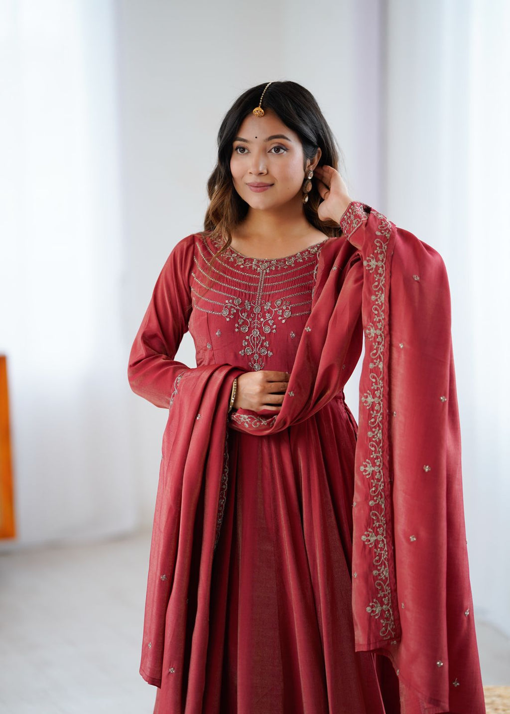 Premium Roman Shimmer Chanderi Silk 16 Kali Anarkali Gown Set with Beadwork Dupatta & Pant