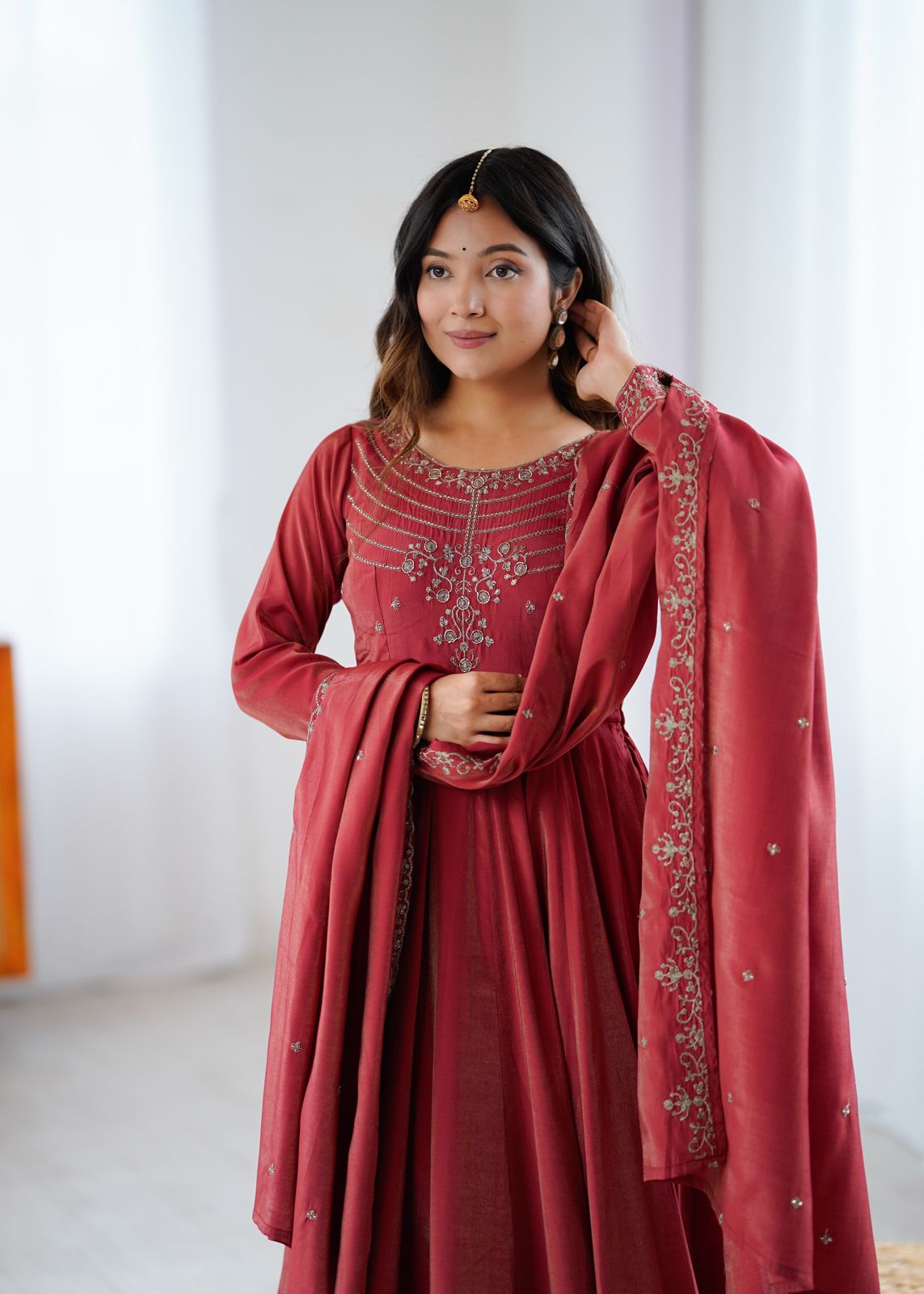 Premium Roman Shimmer Chanderi Silk 16 Kali Anarkali Gown Set with Beadwork Dupatta & Pant