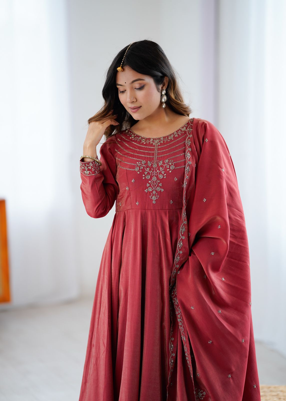 Premium Roman Shimmer Chanderi Silk 16 Kali Anarkali Gown Set with Beadwork Dupatta & Pant