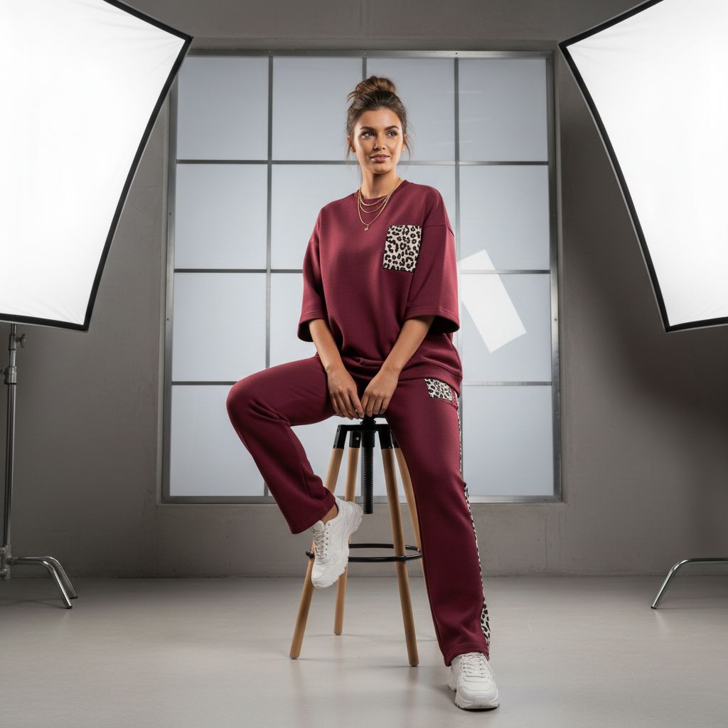 Burnt Maroon Colour Women's Comfortable Co-Ord Set with Leopard Print