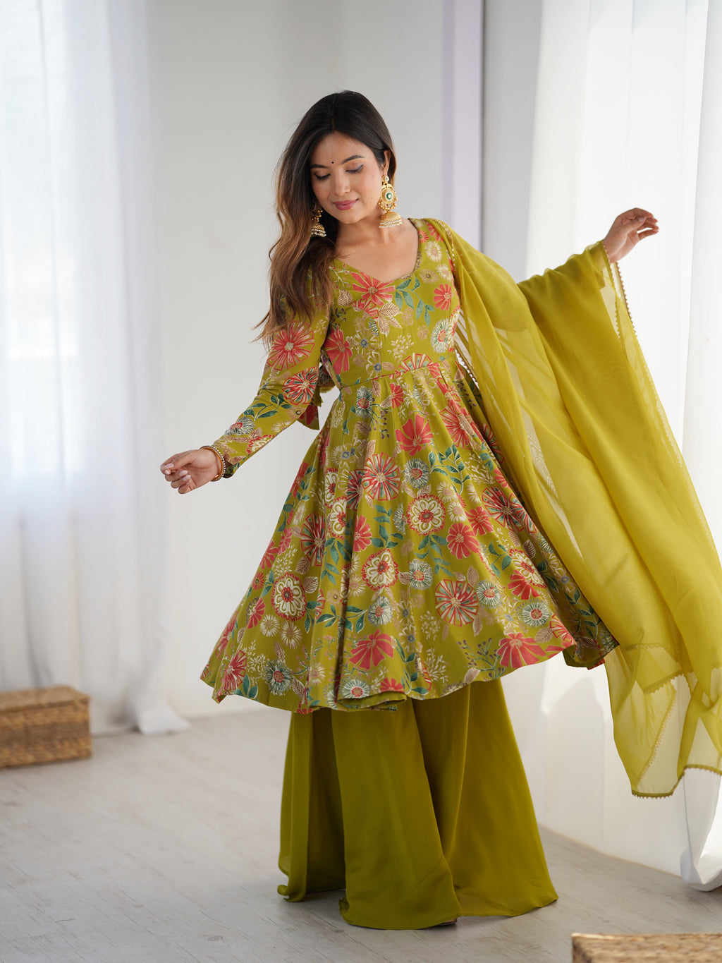 ARENIVA Floral Roman Silk Chanderi Anarkali Set with Palazzo & Dupatta