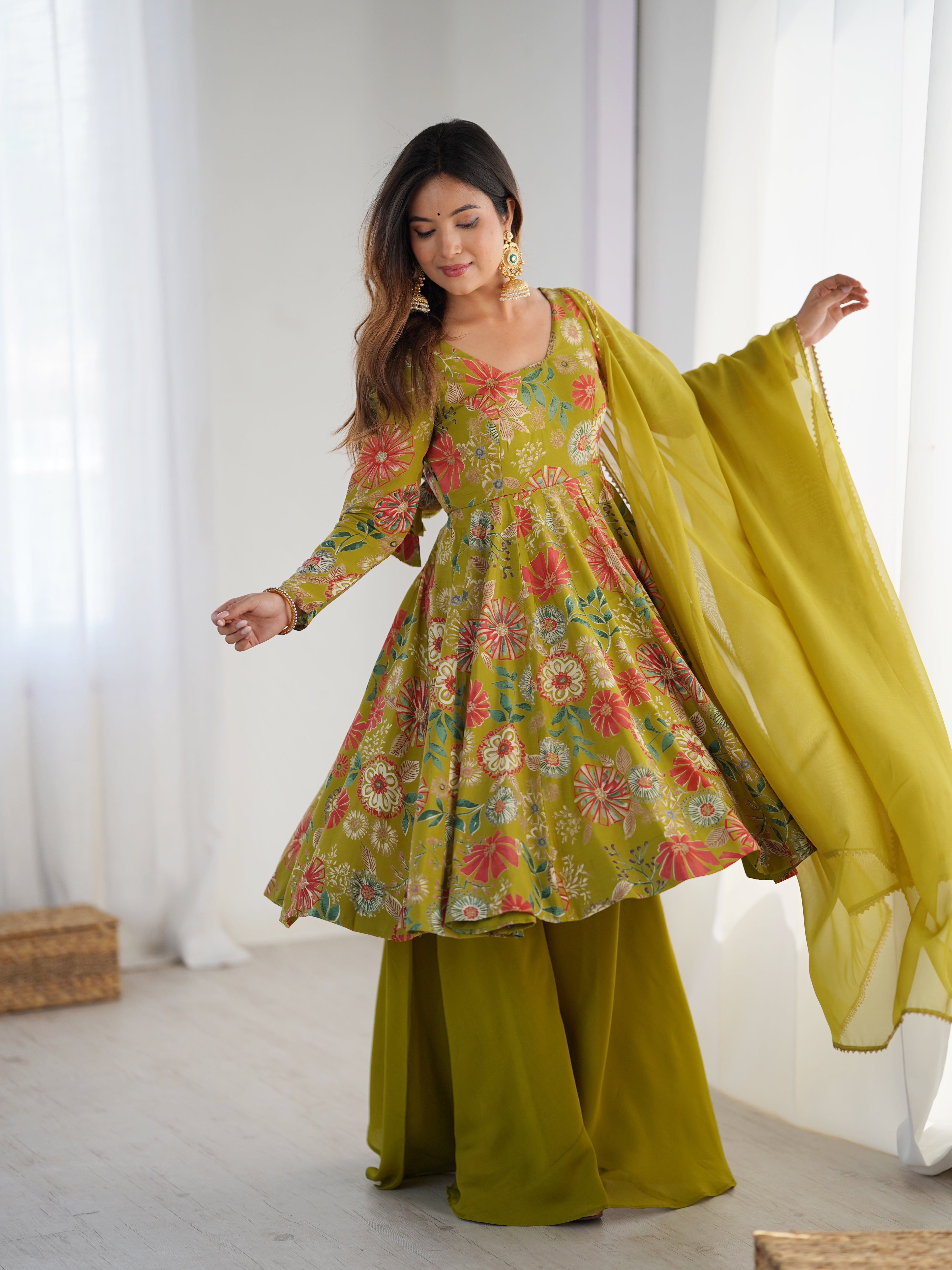 ARENIVA Floral Roman Silk Chanderi Anarkali Set with Palazzo & Dupatta