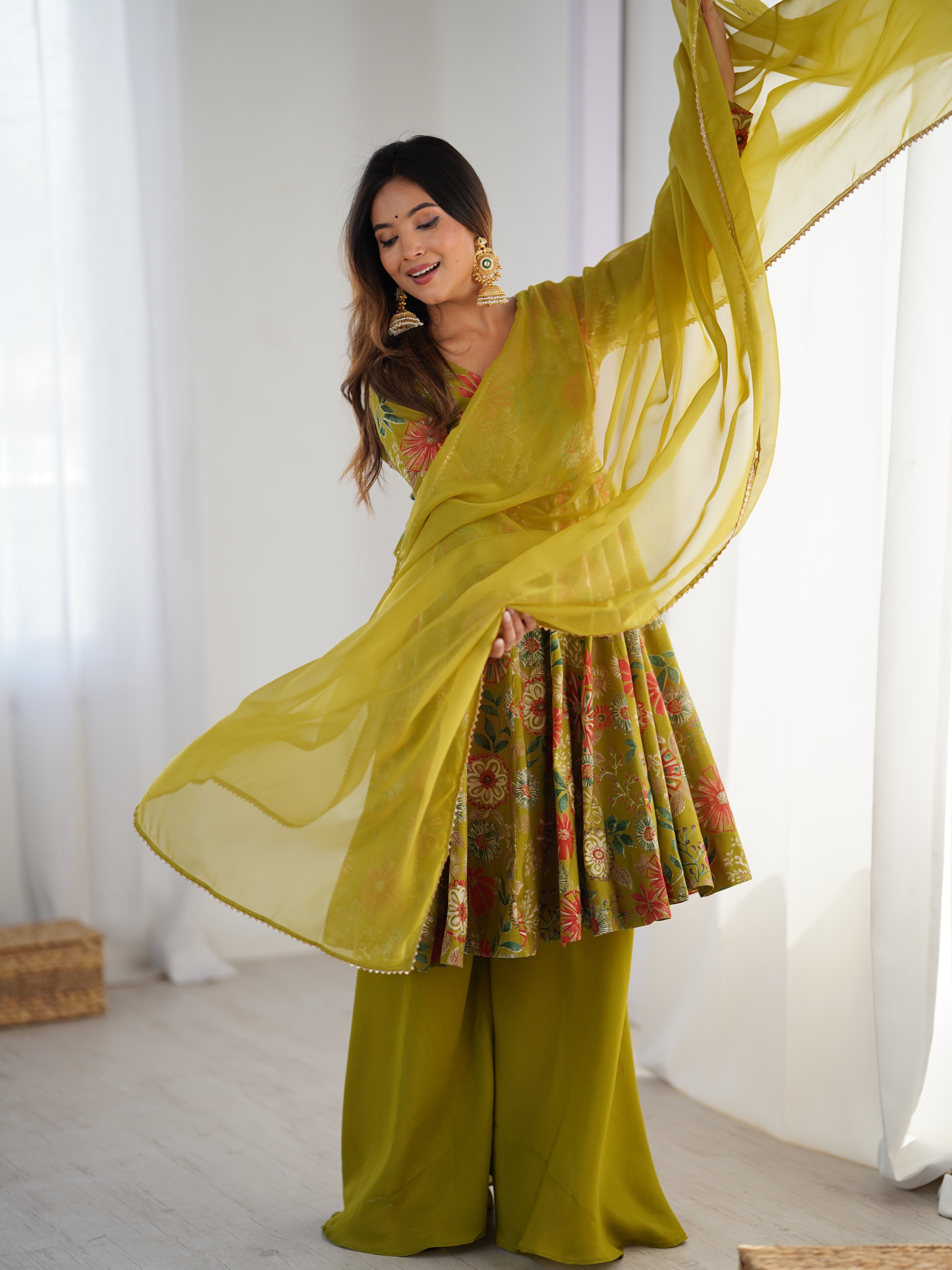 ARENIVA Floral Roman Silk Chanderi Anarkali Set with Palazzo & Dupatta