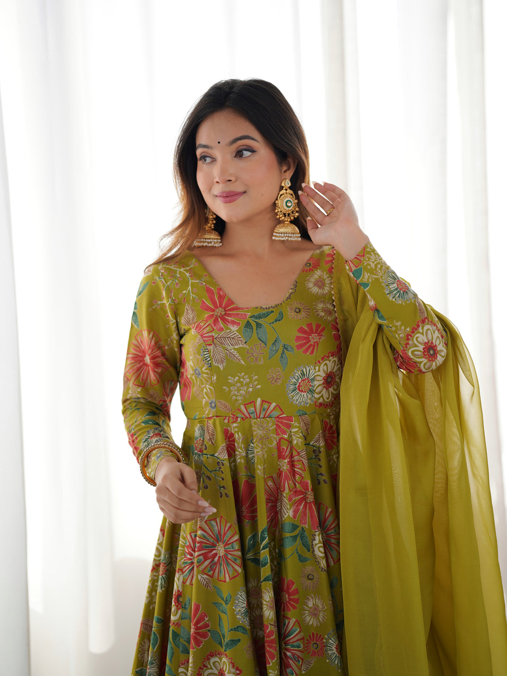 ARENIVA Floral Roman Silk Chanderi Anarkali Set with Palazzo & Dupatta