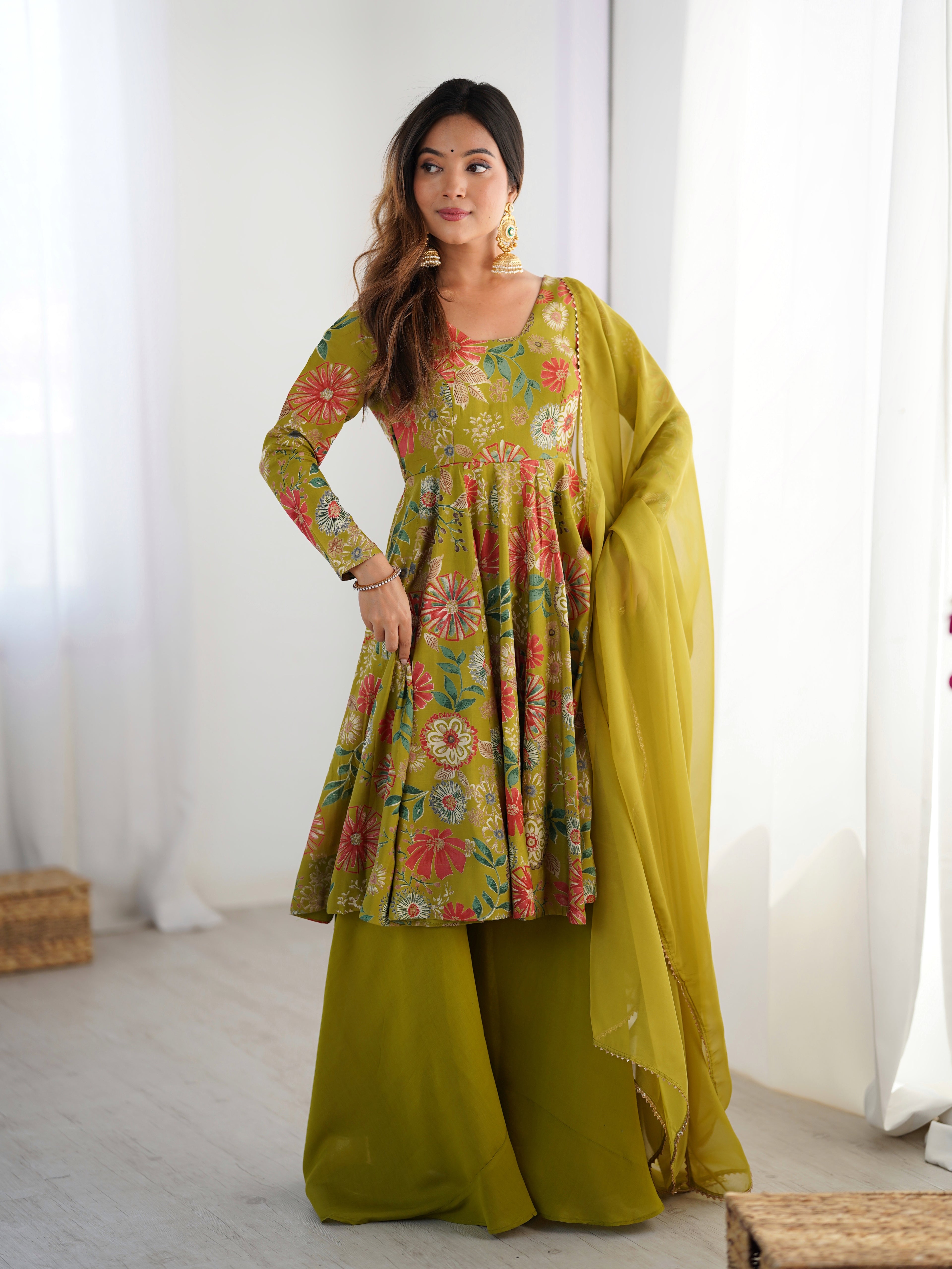 ARENIVA Floral Roman Silk Chanderi Anarkali Set with Palazzo & Dupatta
