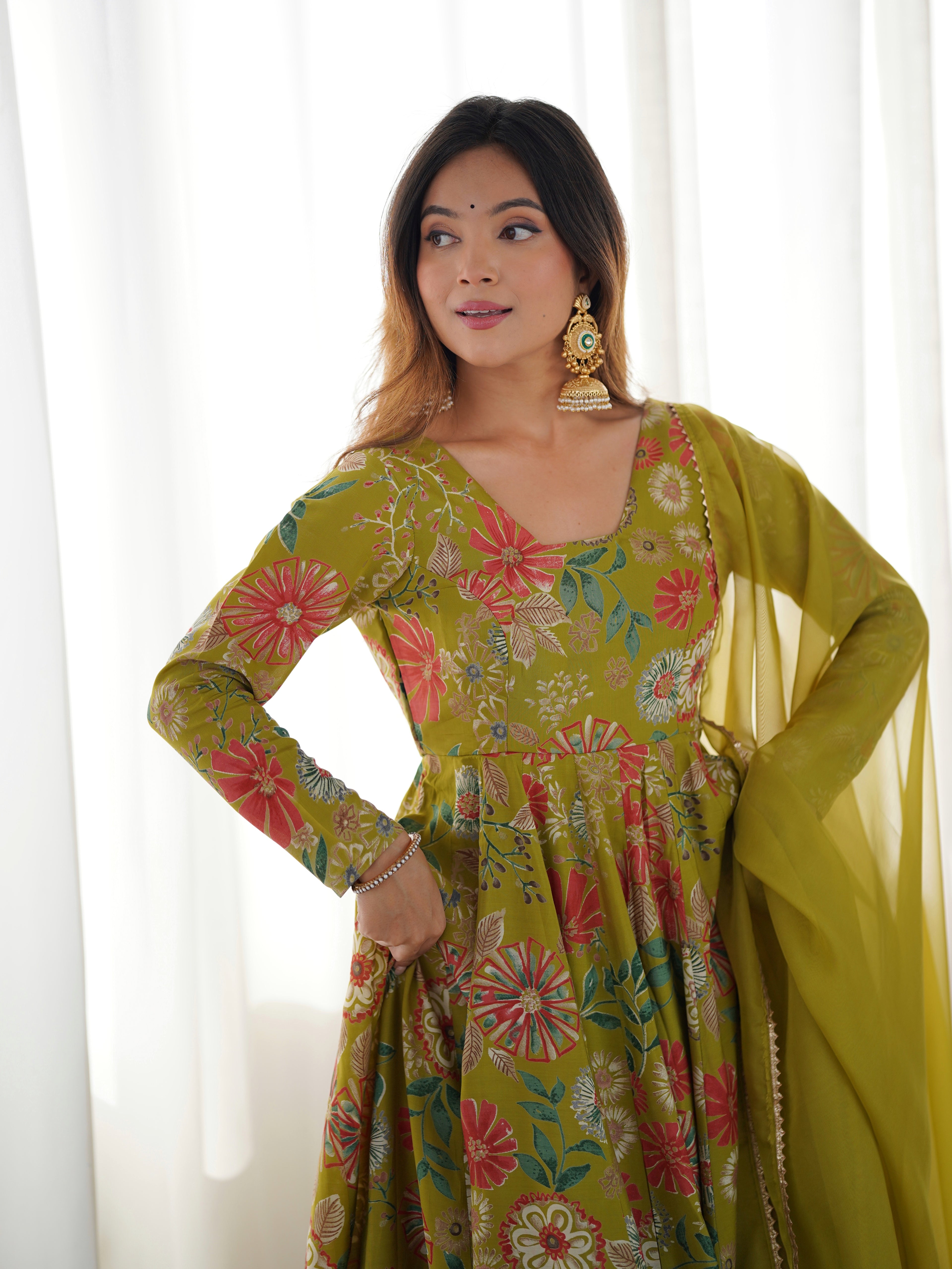 ARENIVA Floral Roman Silk Chanderi Anarkali Set with Palazzo & Dupatta
