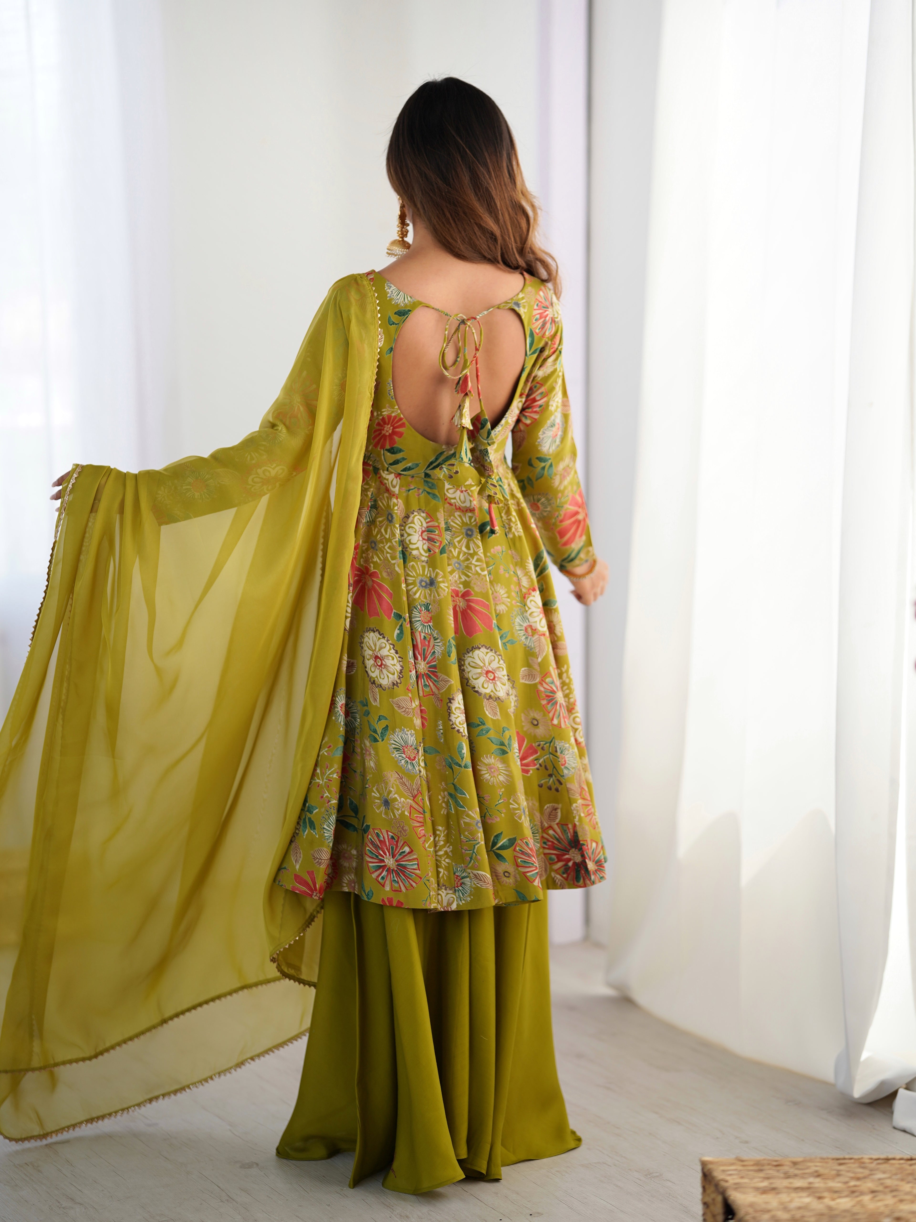 ARENIVA Floral Roman Silk Chanderi Anarkali Set with Palazzo & Dupatta
