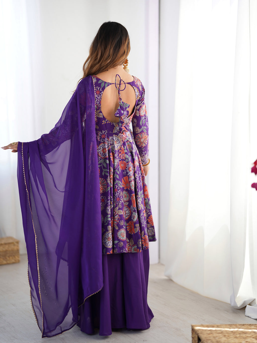 ARENIVA Floral Roman Silk Chanderi Anarkali Set with Palazzo & Dupatta