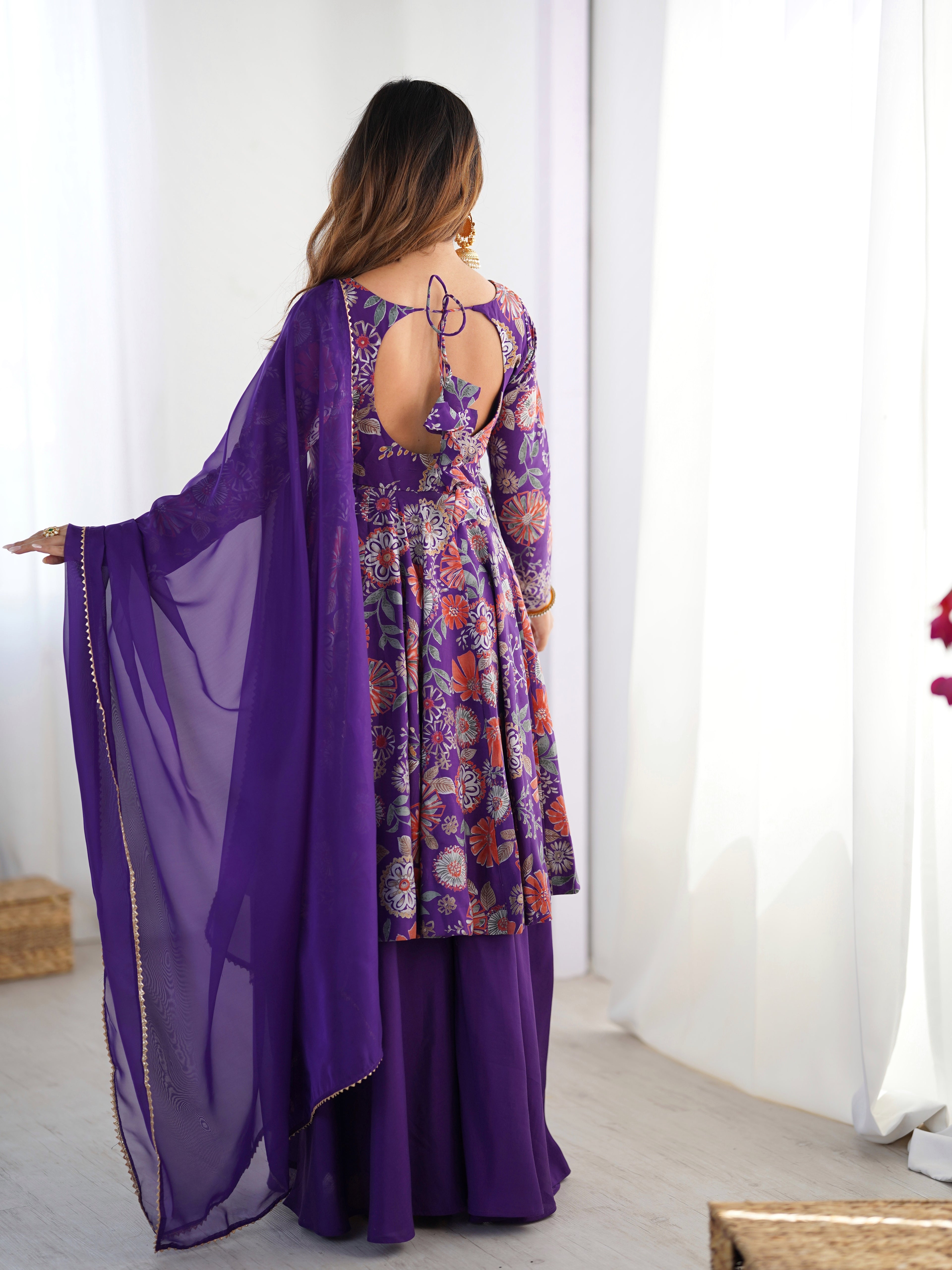 ARENIVA Floral Roman Silk Chanderi Anarkali Set with Palazzo & Dupatta