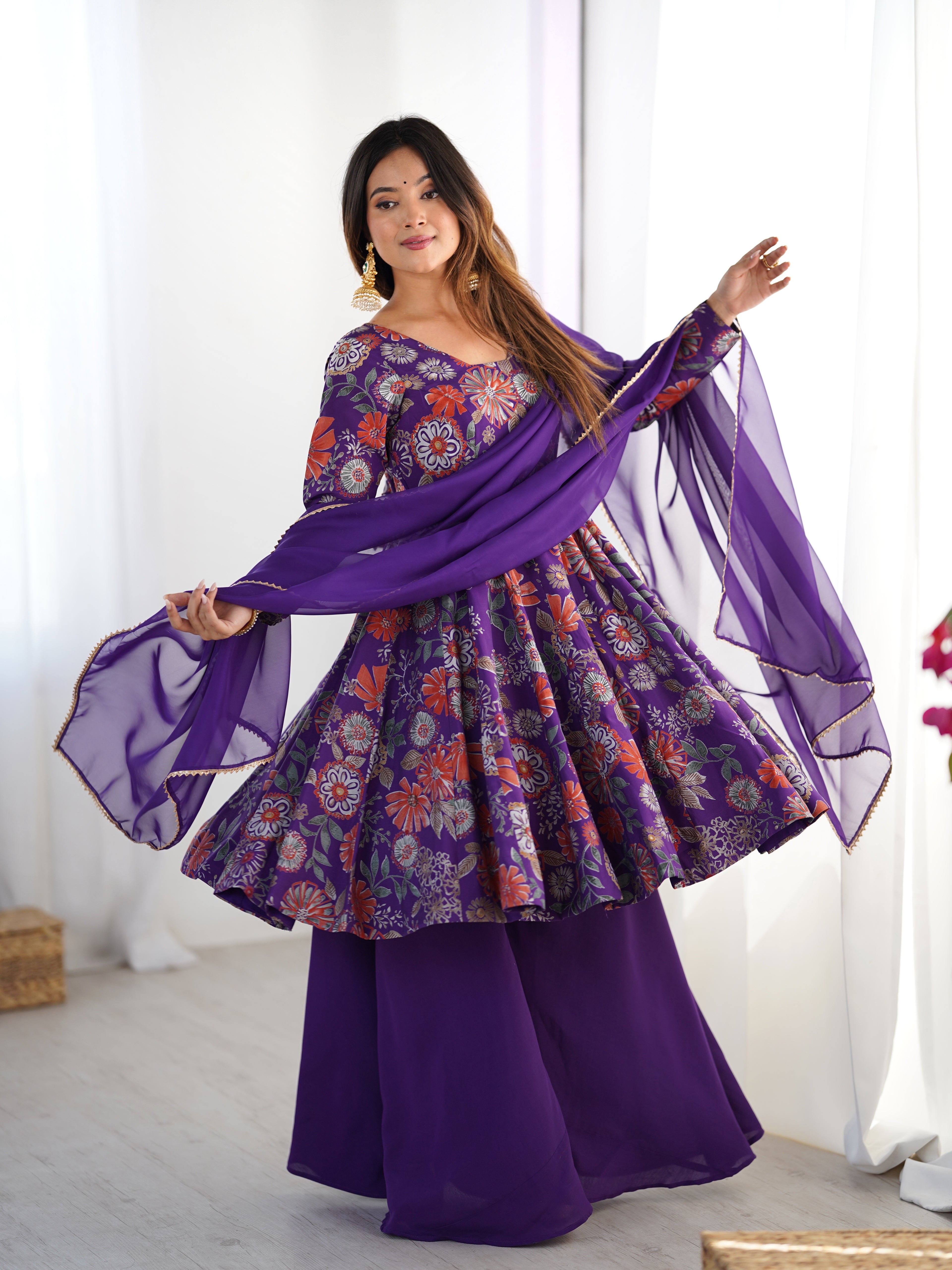 ARENIVA Floral Roman Silk Chanderi Anarkali Set with Palazzo & Dupatta