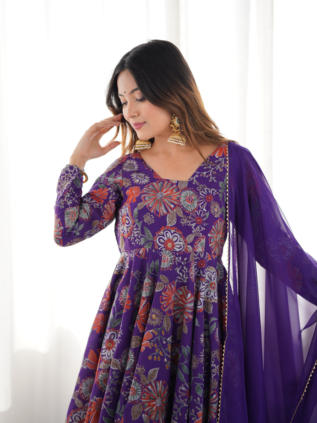 ARENIVA Floral Roman Silk Chanderi Anarkali Set with Palazzo & Dupatta