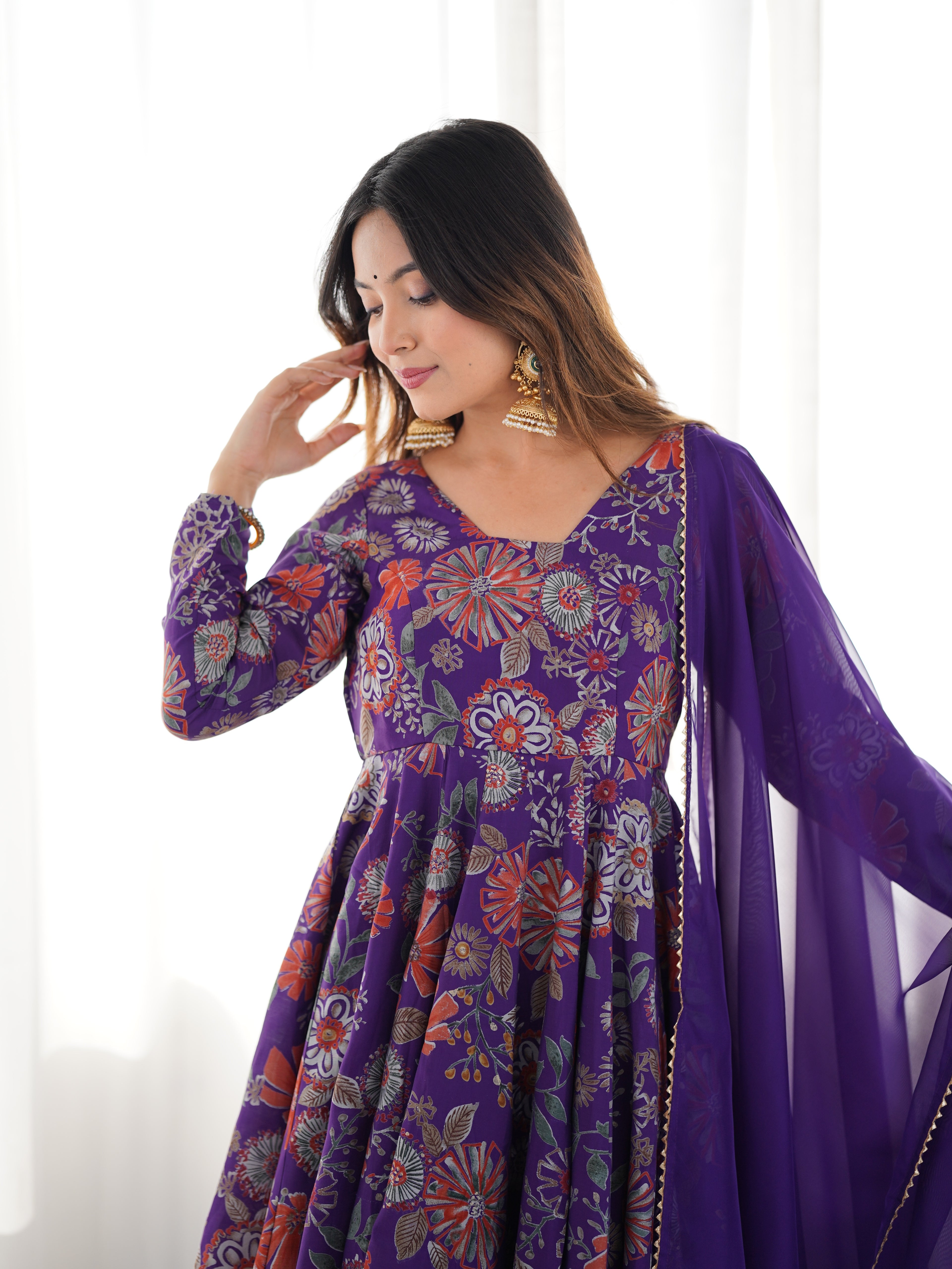 ARENIVA Floral Roman Silk Chanderi Anarkali Set with Palazzo & Dupatta