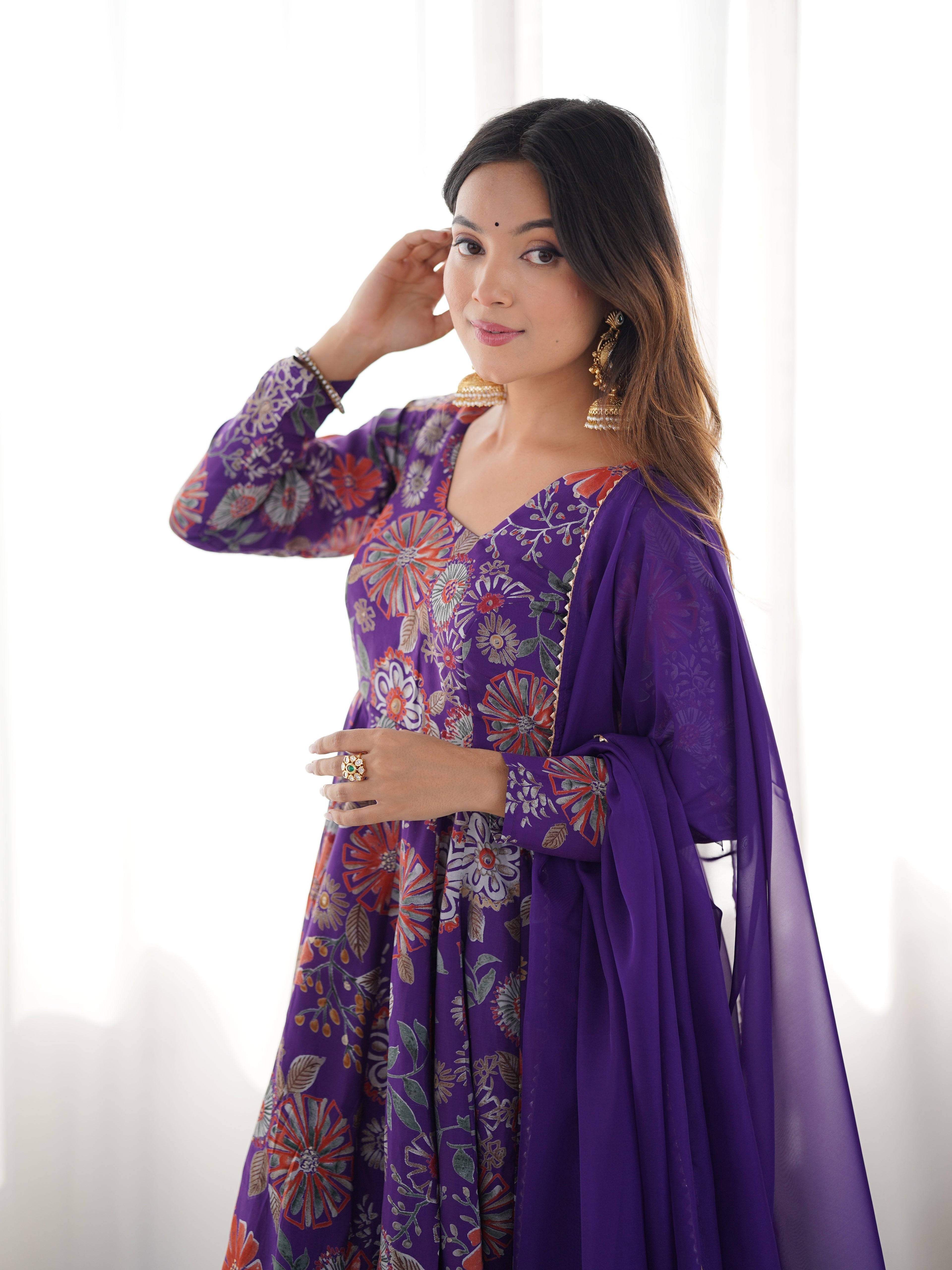 ARENIVA Floral Roman Silk Chanderi Anarkali Set with Palazzo & Dupatta
