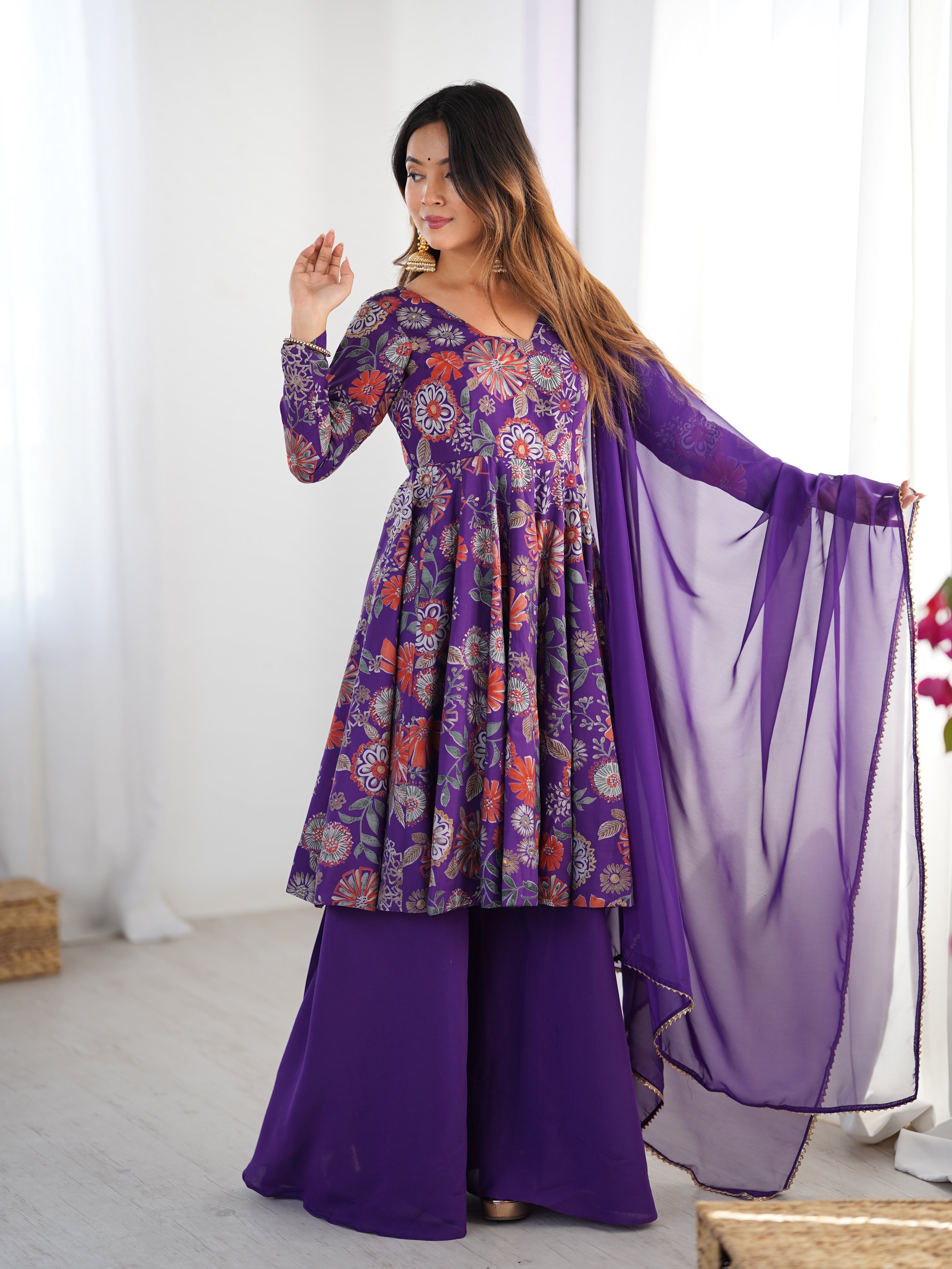 ARENIVA Floral Roman Silk Chanderi Anarkali Set with Palazzo & Dupatta