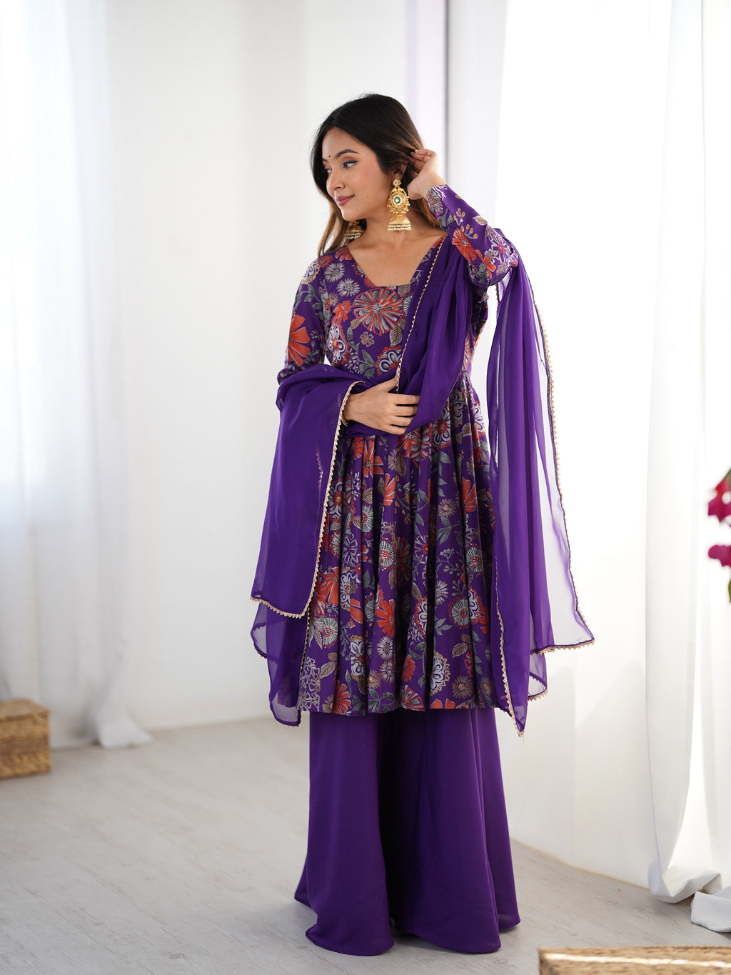 ARENIVA Floral Roman Silk Chanderi Anarkali Set with Palazzo & Dupatta