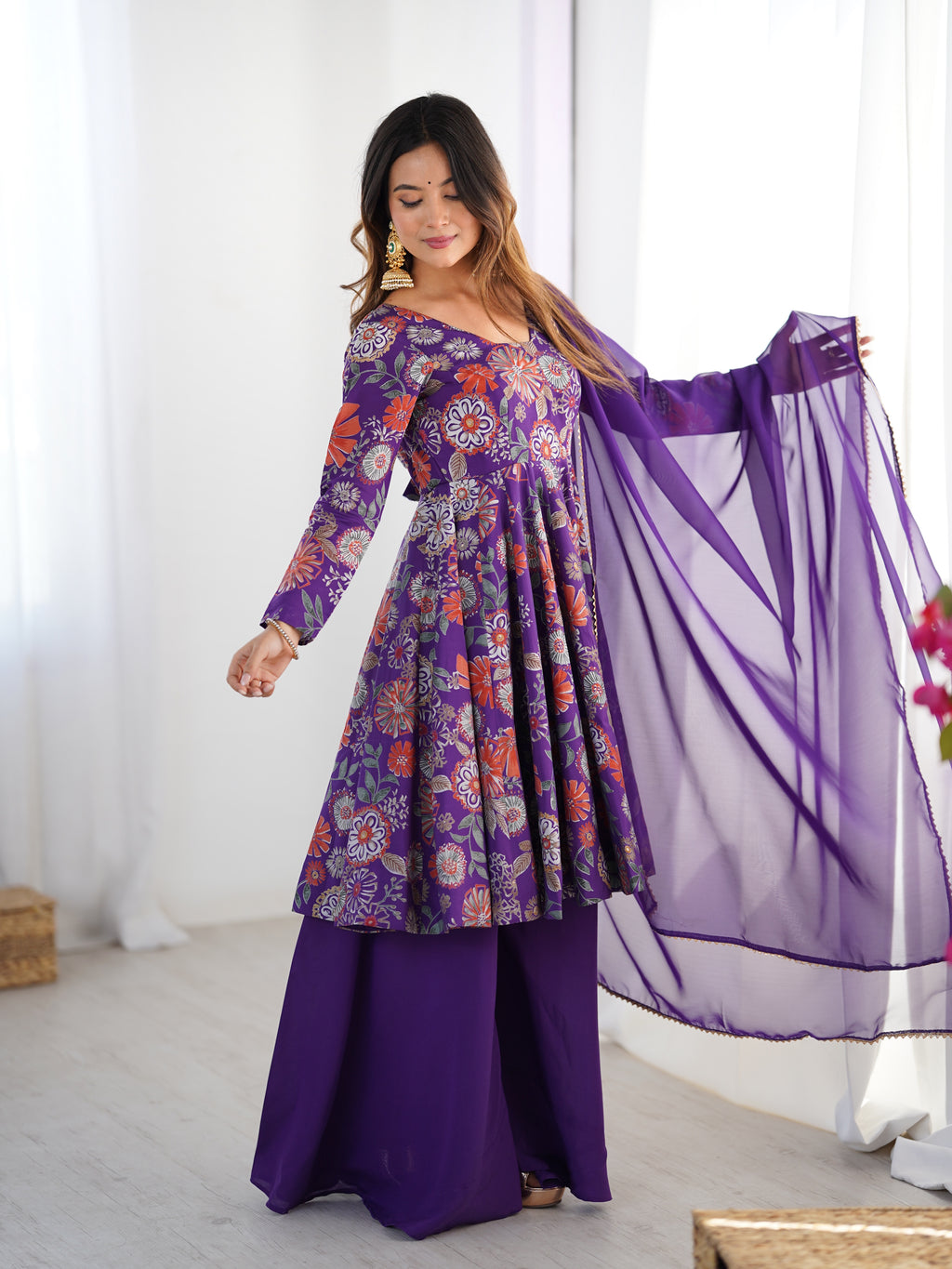 ARENIVA Floral Roman Silk Chanderi Anarkali Set with Palazzo & Dupatta