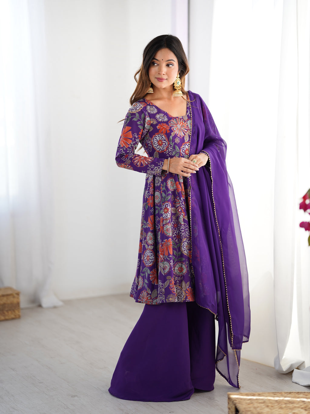 ARENIVA Floral Roman Silk Chanderi Anarkali Set with Palazzo & Dupatta