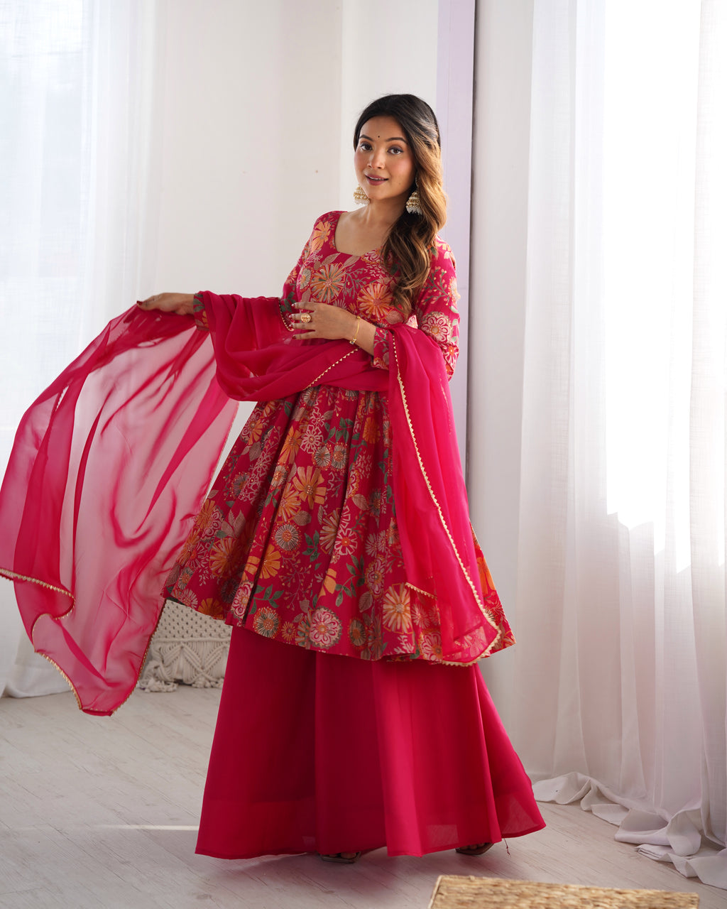 ARENIVA Floral Roman Silk Chanderi Anarkali Set with Palazzo & Dupatta