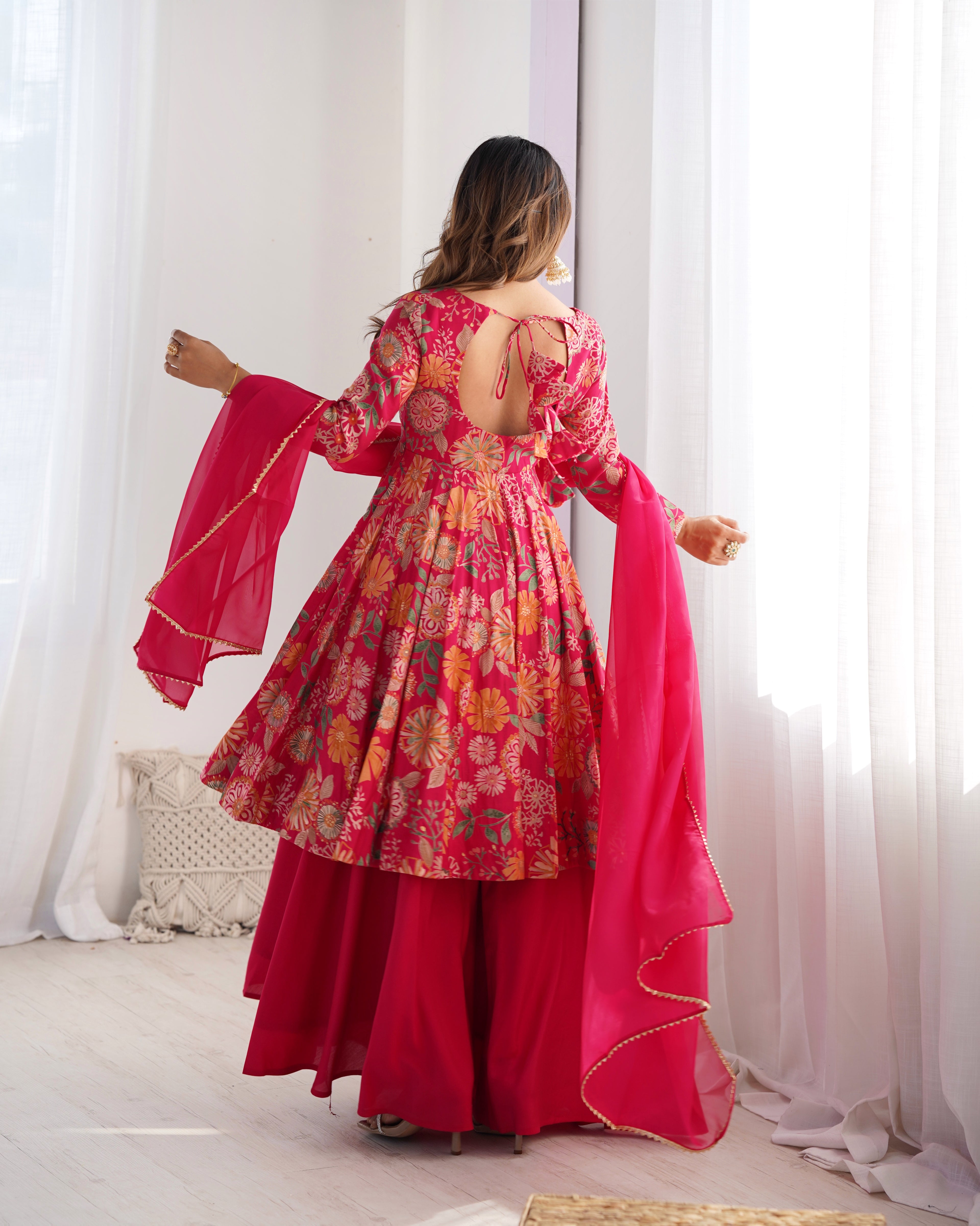 ARENIVA Floral Roman Silk Chanderi Anarkali Set with Palazzo & Dupatta