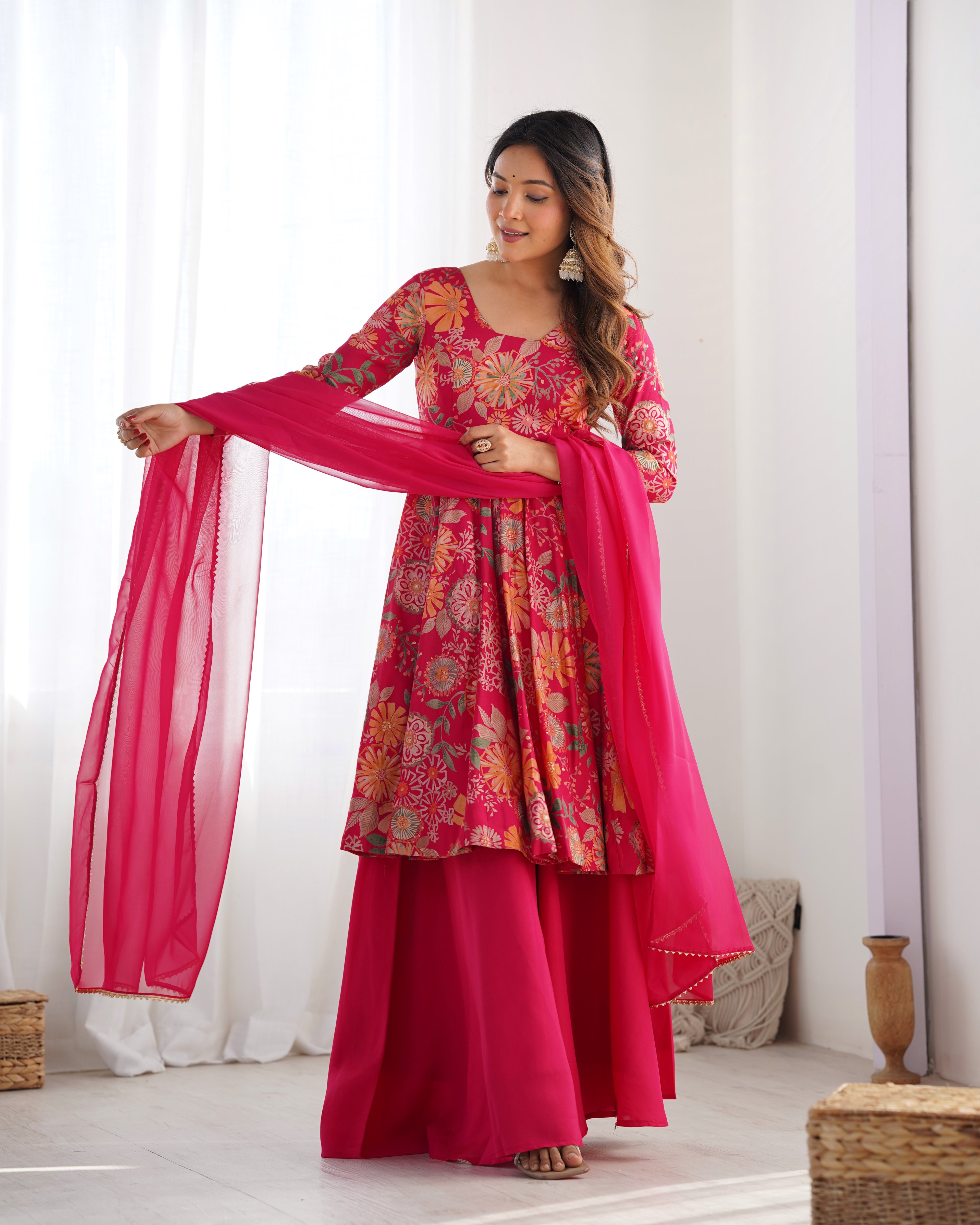 ARENIVA Floral Roman Silk Chanderi Anarkali Set with Palazzo & Dupatta
