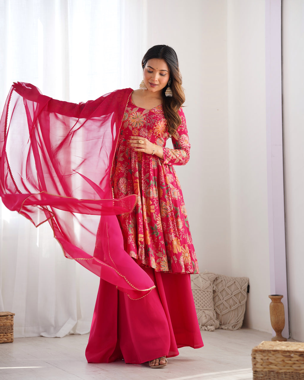 ARENIVA Floral Roman Silk Chanderi Anarkali Set with Palazzo & Dupatta
