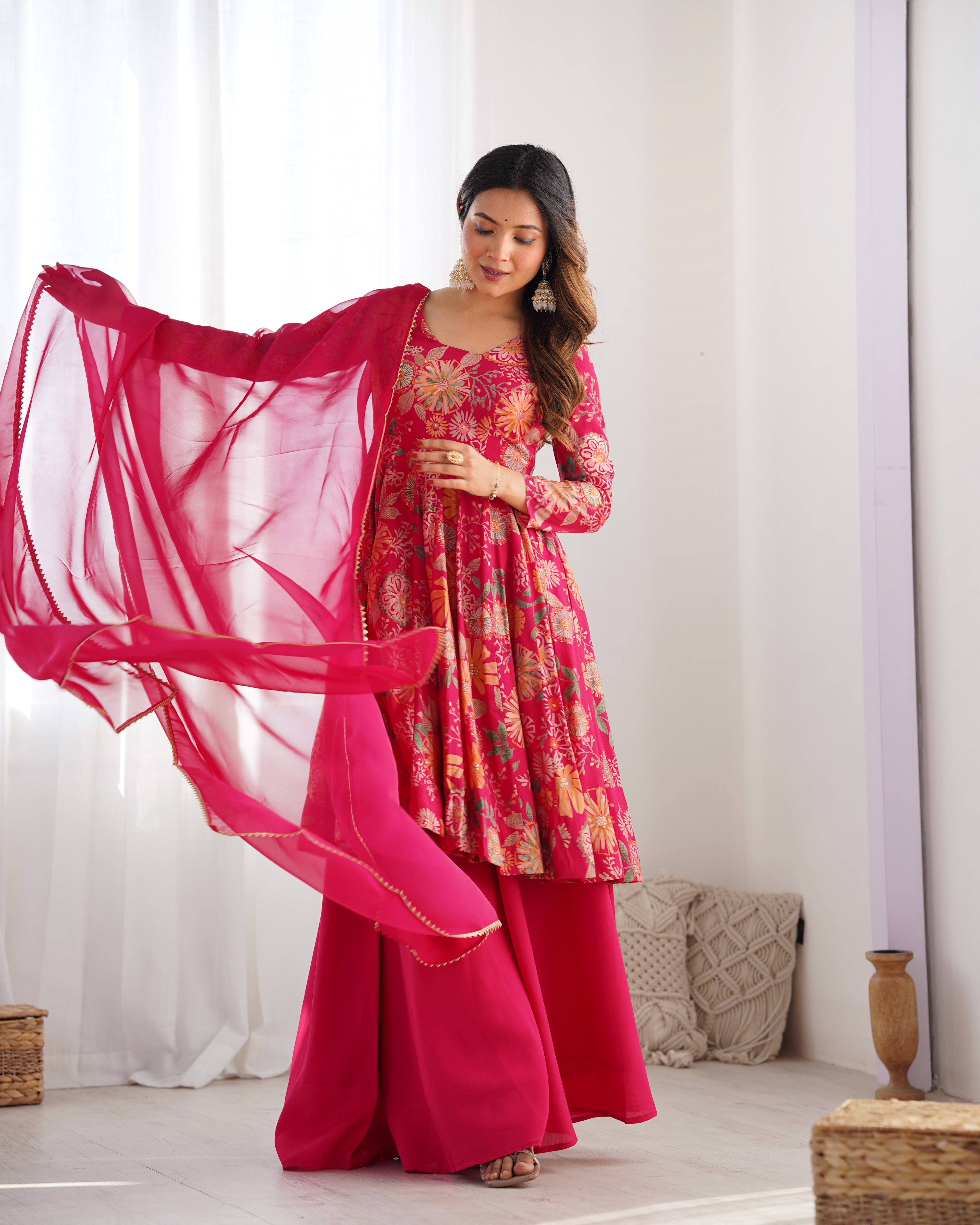 ARENIVA Floral Roman Silk Chanderi Anarkali Set with Palazzo & Dupatta