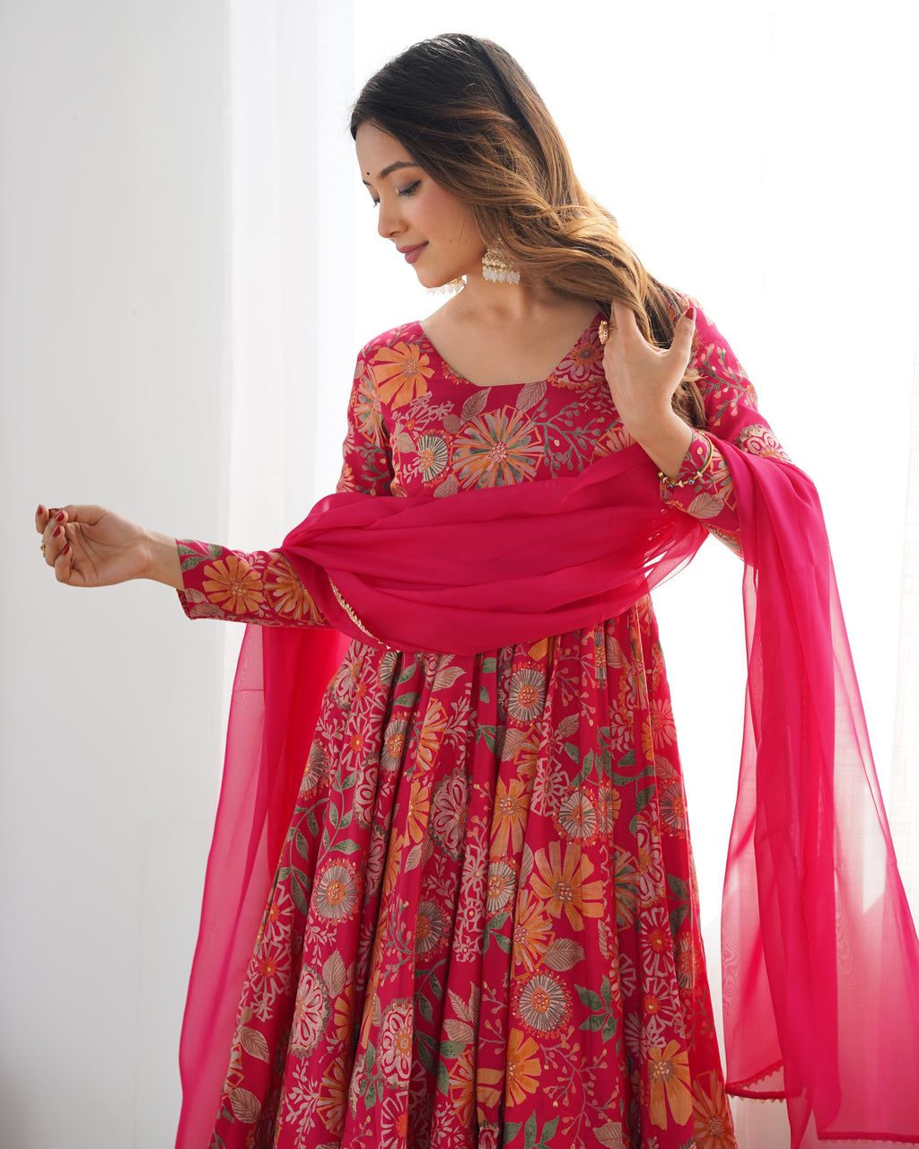 ARENIVA Floral Roman Silk Chanderi Anarkali Set with Palazzo & Dupatta