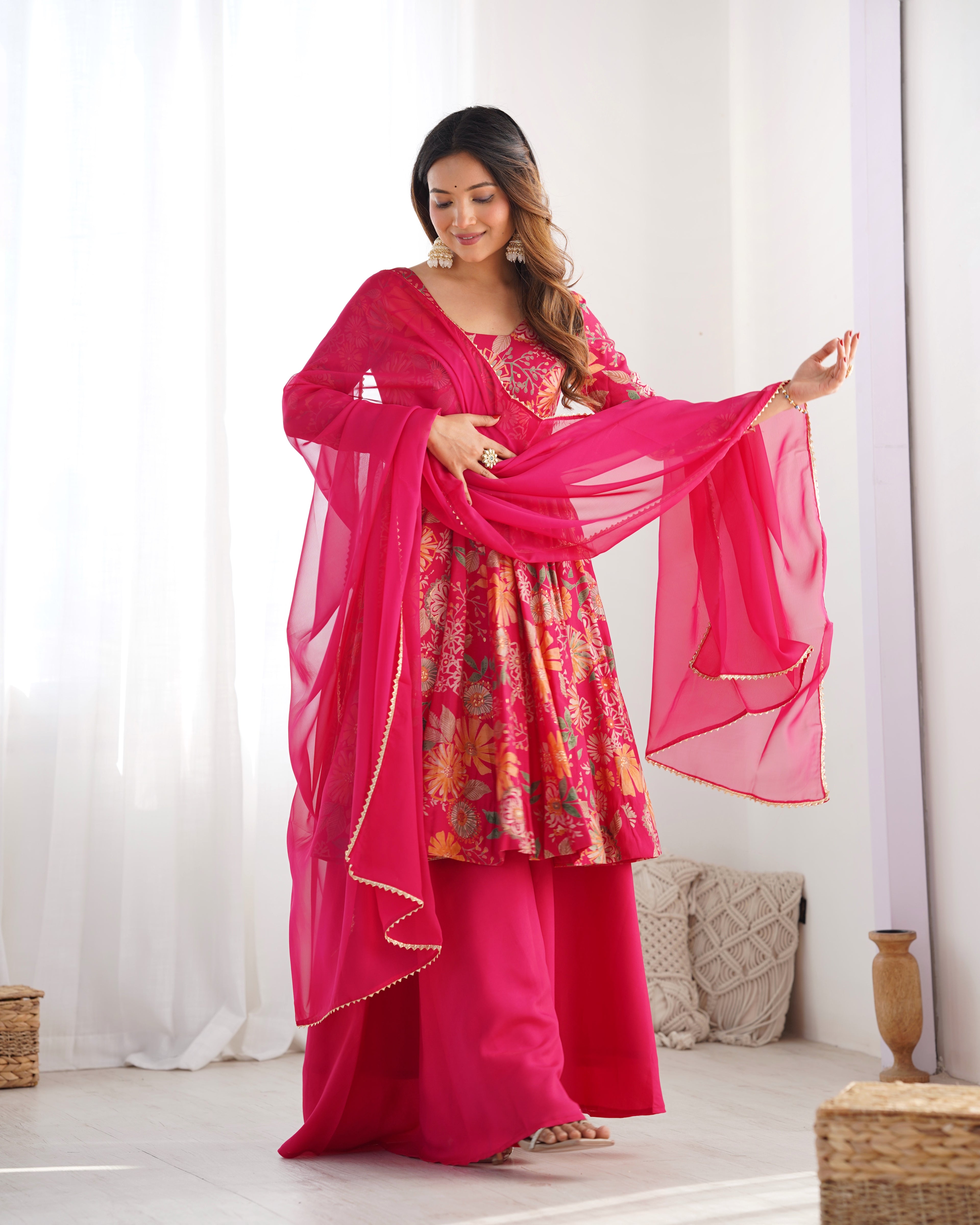 ARENIVA Floral Roman Silk Chanderi Anarkali Set with Palazzo & Dupatta