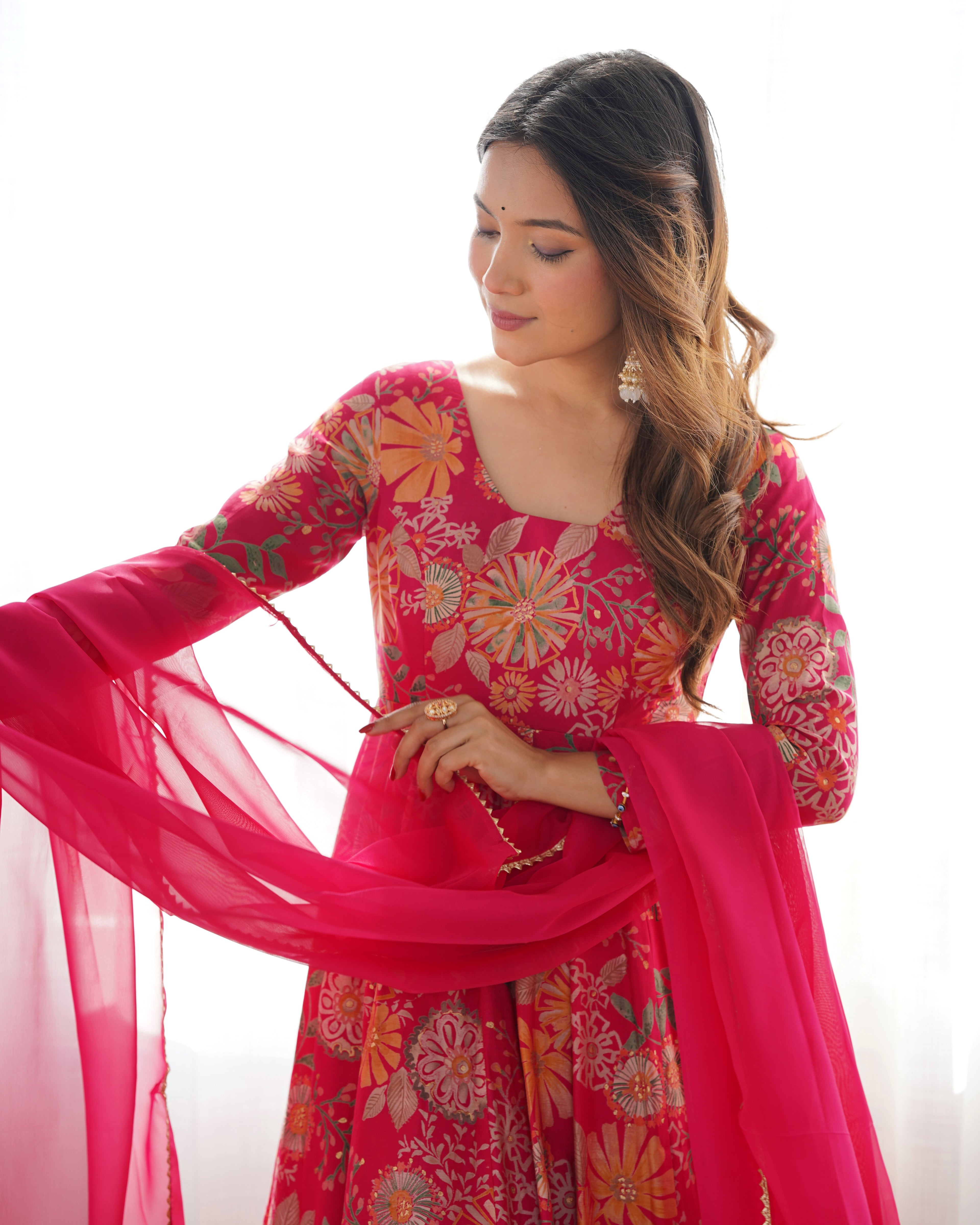 ARENIVA Floral Roman Silk Chanderi Anarkali Set with Palazzo & Dupatta