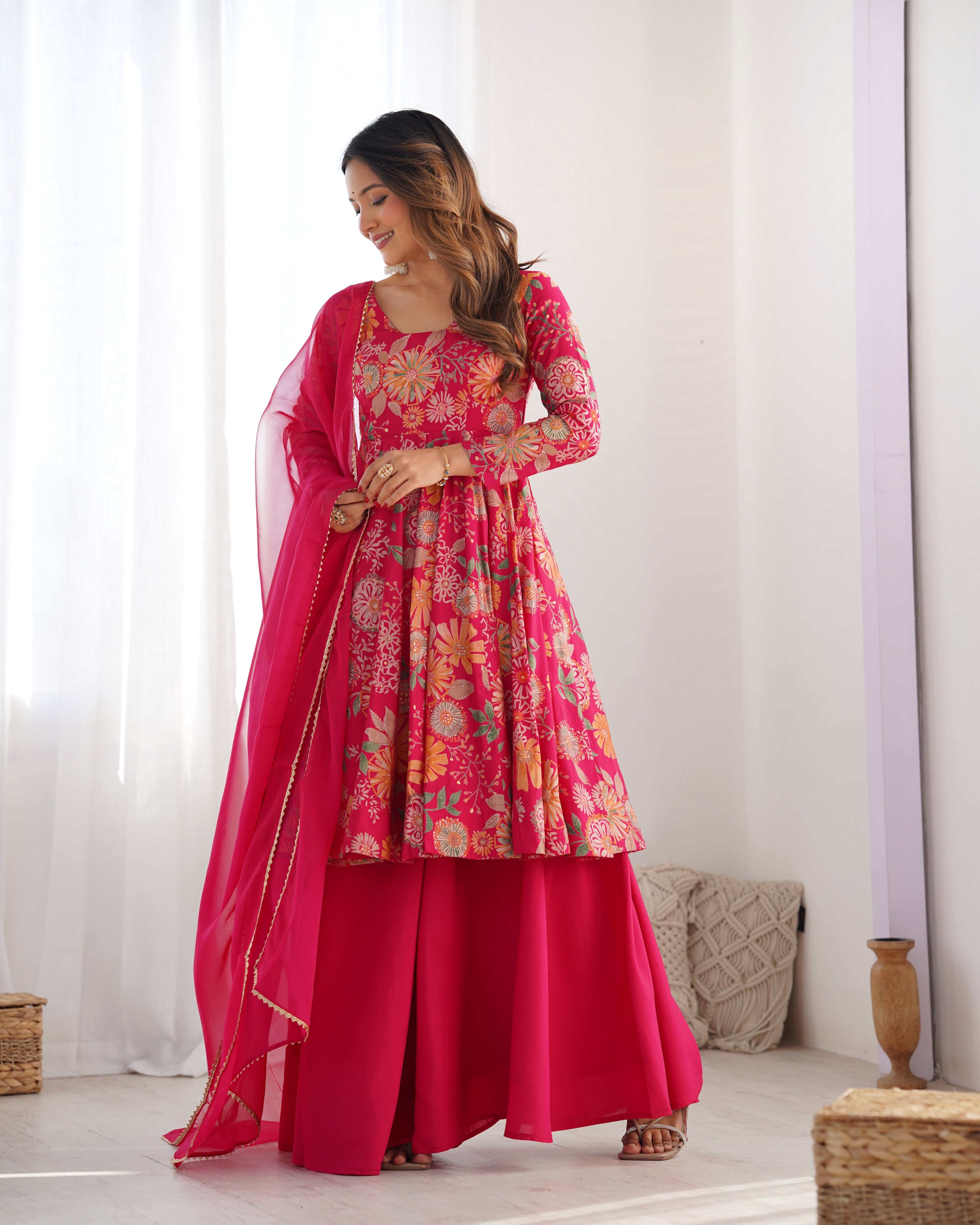 ARENIVA Floral Roman Silk Chanderi Anarkali Set with Palazzo & Dupatta