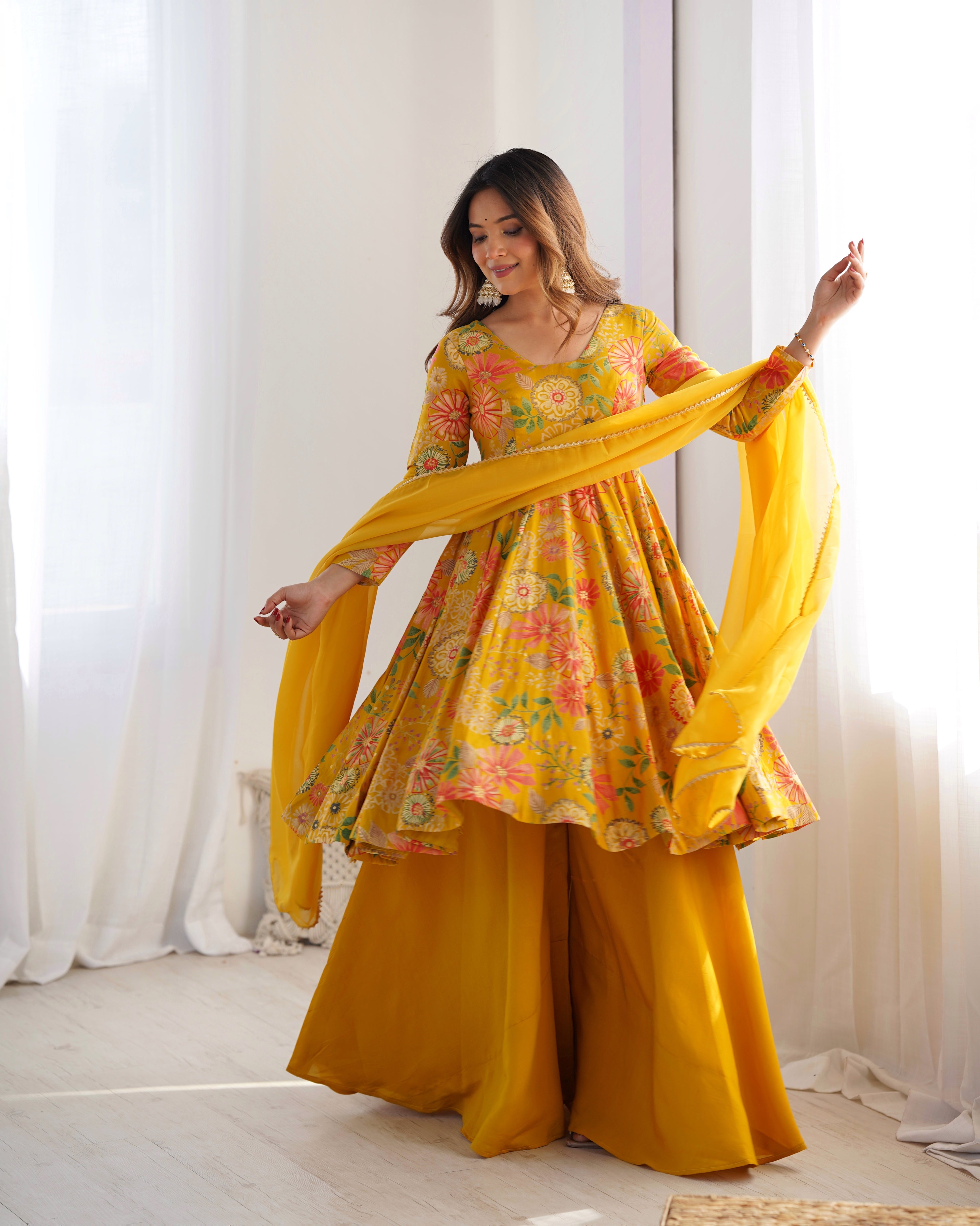 ARENIVA Floral Roman Silk Chanderi Anarkali Set with Palazzo & Dupatta