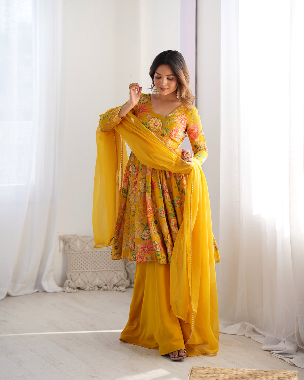 ARENIVA Floral Roman Silk Chanderi Anarkali Set with Palazzo & Dupatta