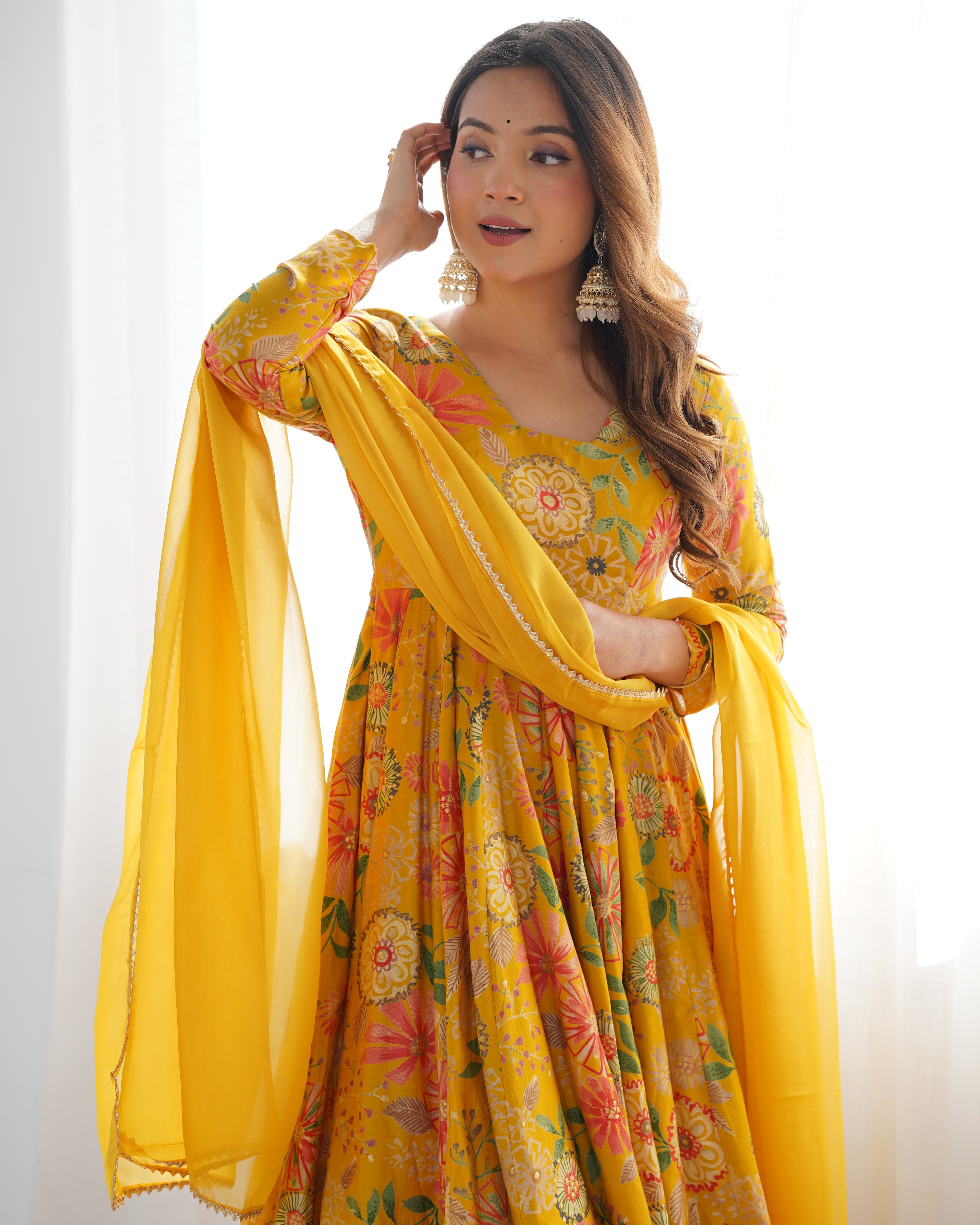 ARENIVA Floral Roman Silk Chanderi Anarkali Set with Palazzo & Dupatta