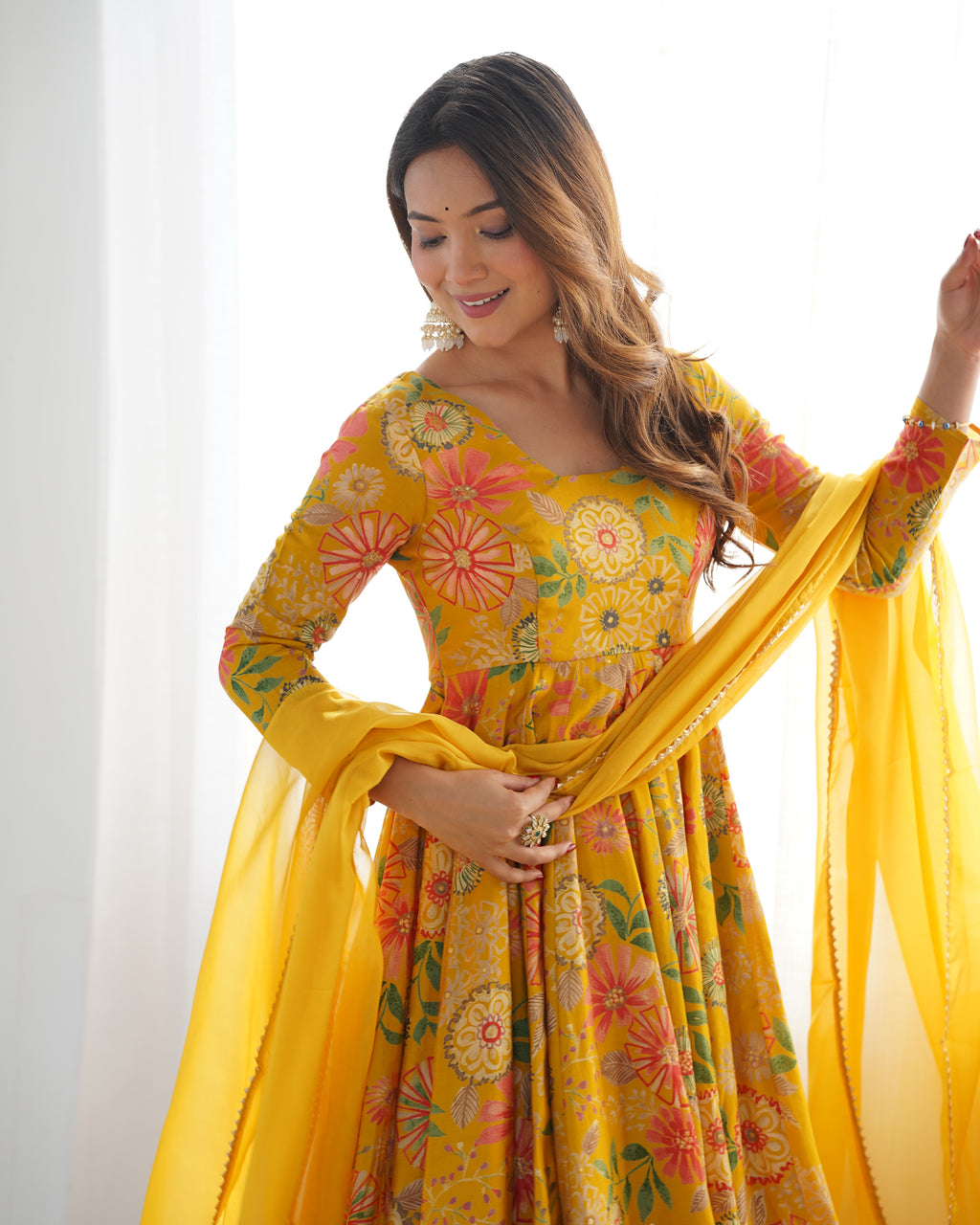 ARENIVA Floral Roman Silk Chanderi Anarkali Set with Palazzo & Dupatta