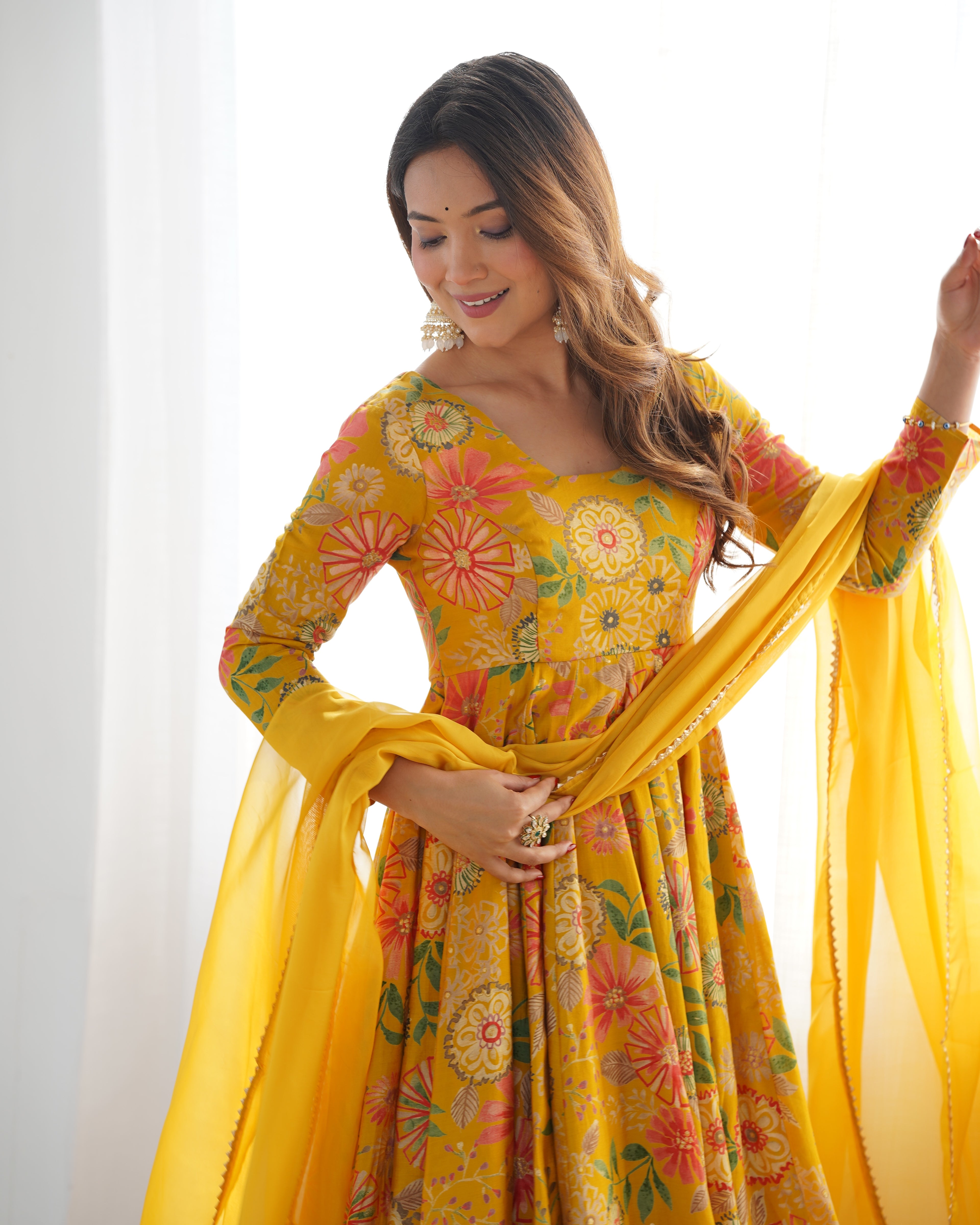 ARENIVA Floral Roman Silk Chanderi Anarkali Set with Palazzo & Dupatta